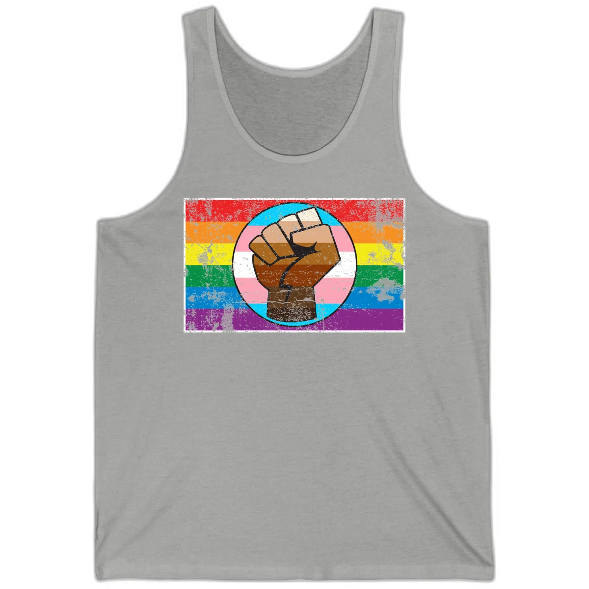 Raised brown fist in circular badge with rainbow pride flag and trans flag stripe background symbolizing LGBTQ+ solidarity in Athletic Heather