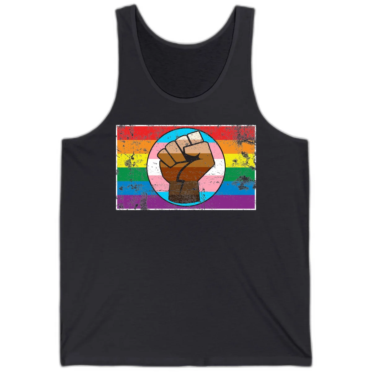 Raised brown fist in circular badge with rainbow pride flag and trans flag stripe background symbolizing LGBTQ+ solidarity in Dark Grey