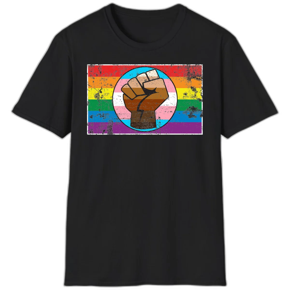 Raised brown fist in circular badge with rainbow pride flag and trans flag stripe background symbolizing LGBTQ+ solidarity in Black