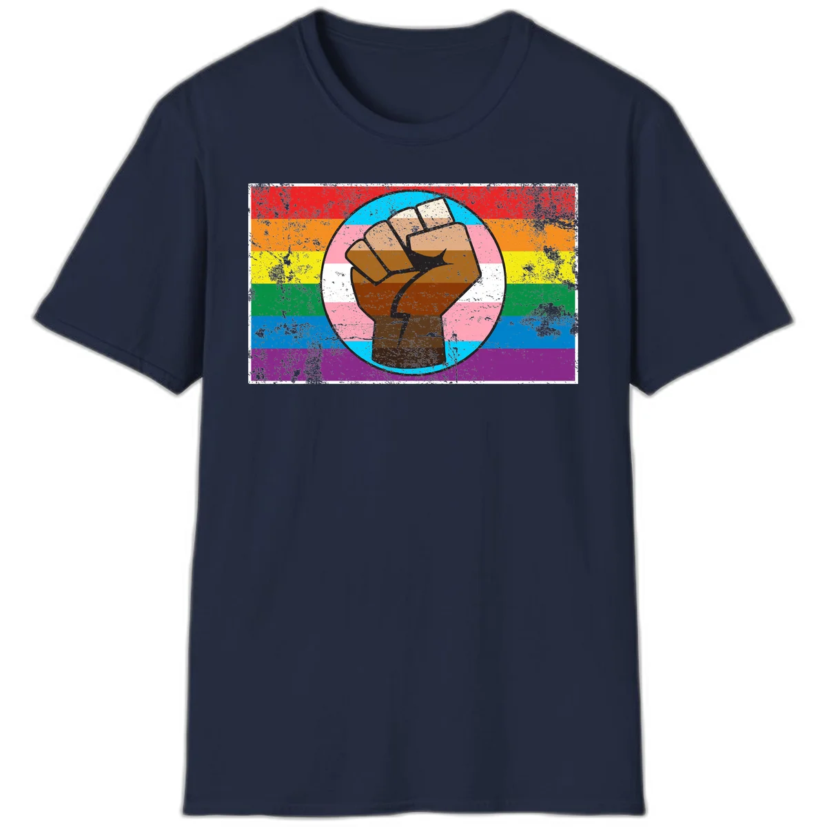 Raised brown fist in circular badge with rainbow pride flag and trans flag stripe background symbolizing LGBTQ+ solidarity in Navy