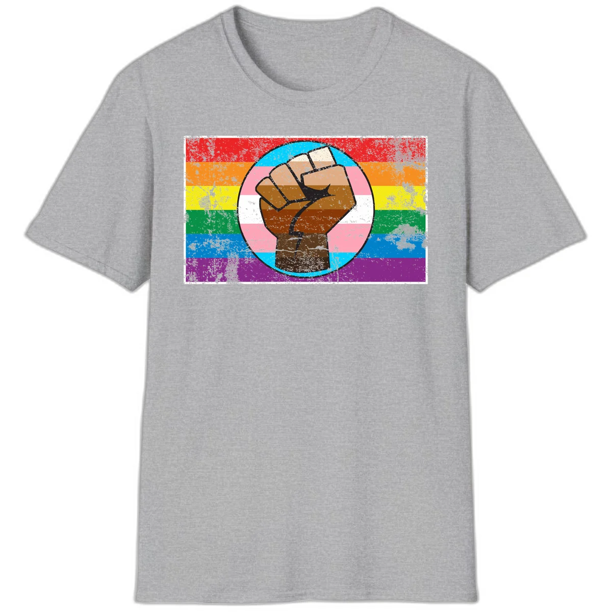 Raised brown fist in circular badge with rainbow pride flag and trans flag stripe background symbolizing LGBTQ+ solidarity in Sport Grey