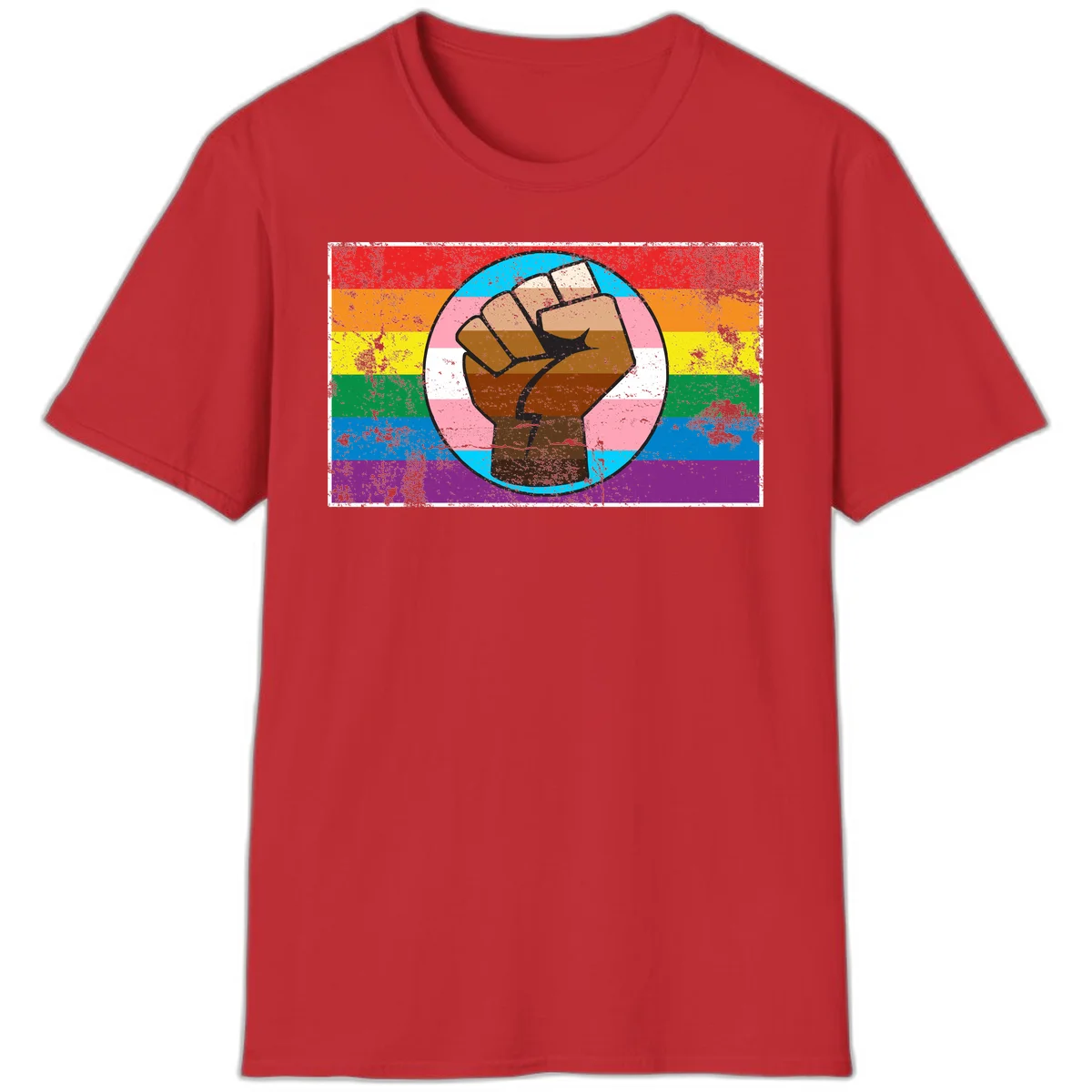 Raised brown fist in circular badge with rainbow pride flag and trans flag stripe background symbolizing LGBTQ+ solidarity in Red