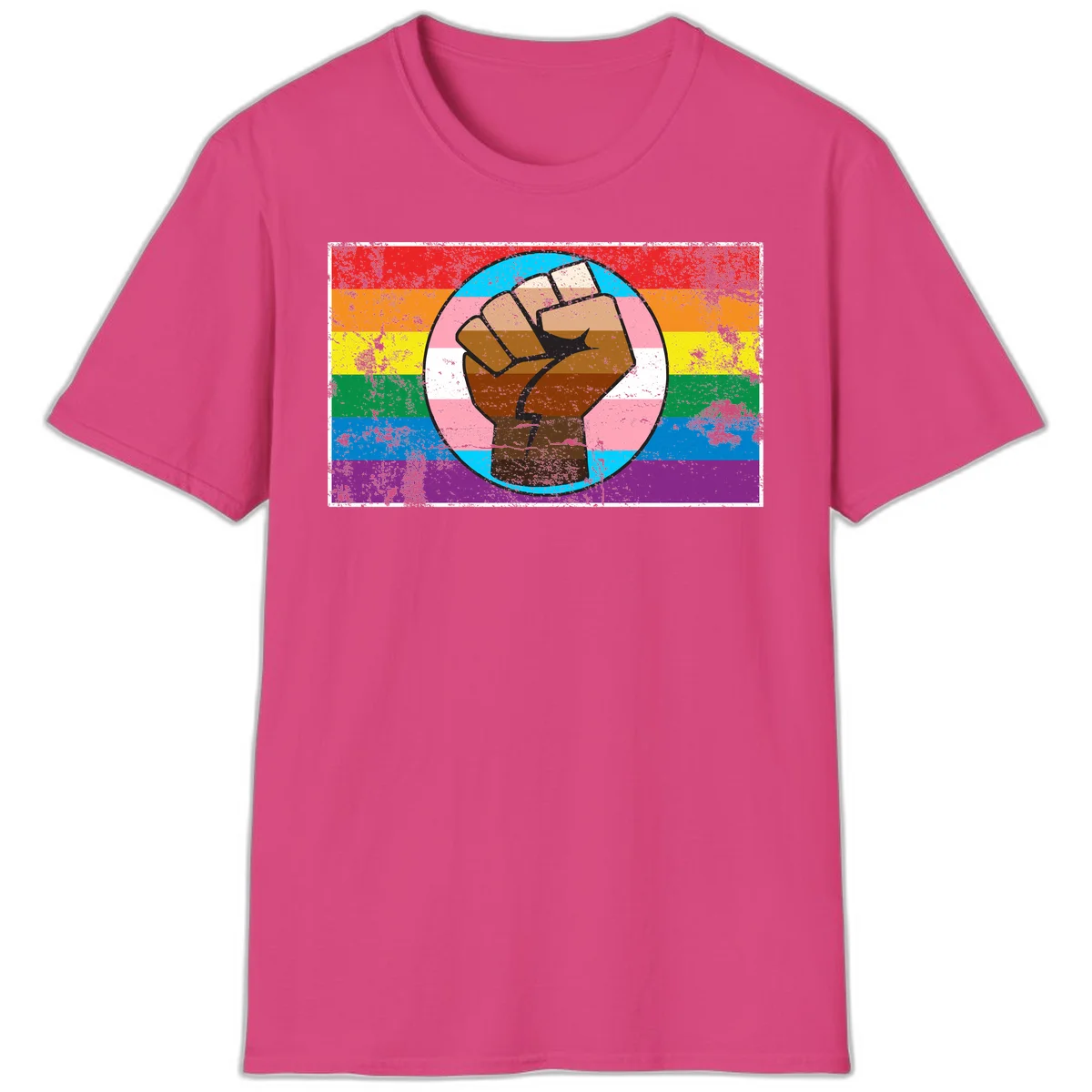 Raised brown fist in circular badge with rainbow pride flag and trans flag stripe background symbolizing LGBTQ+ solidarity in Heliconia