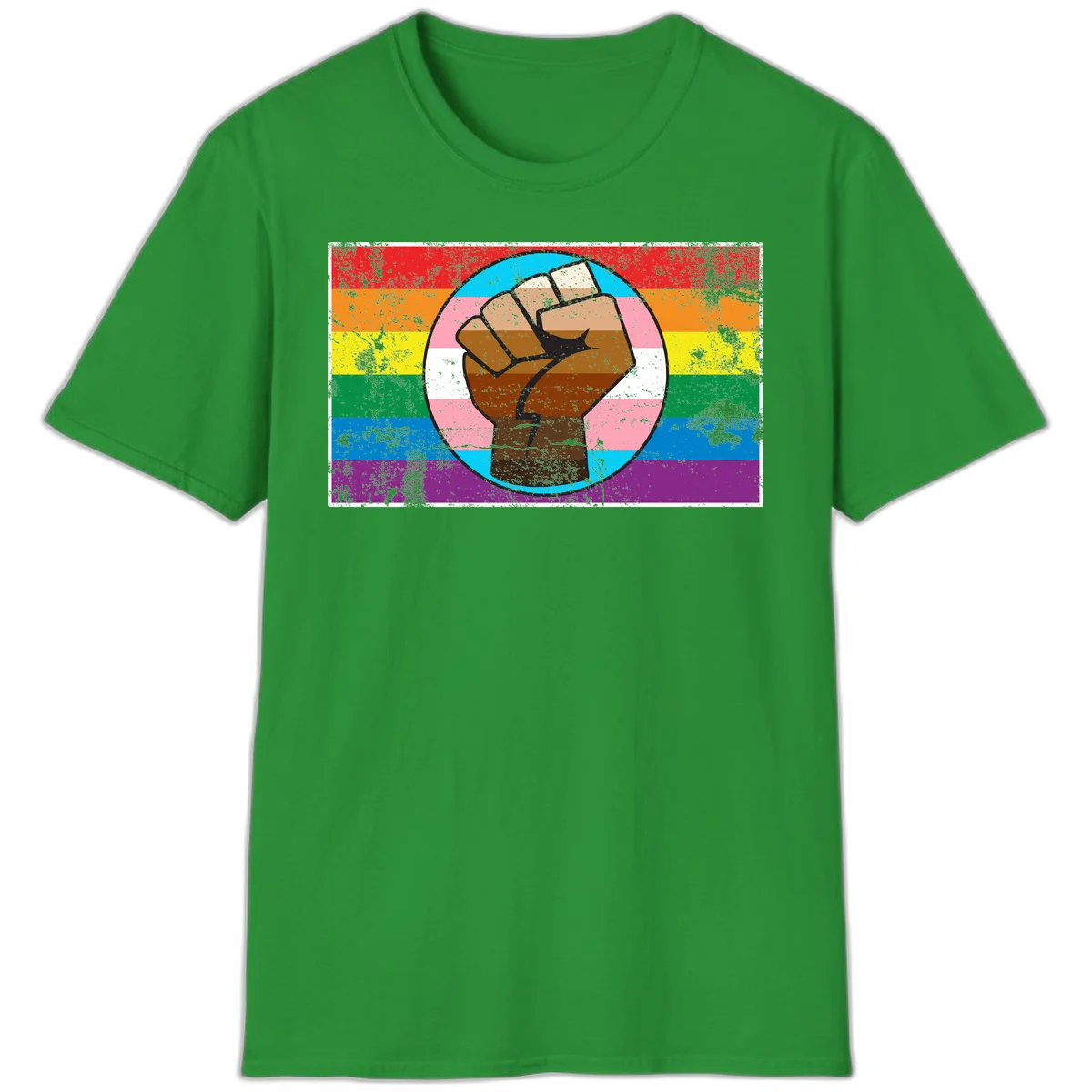 Raised brown fist in circular badge with rainbow pride flag and trans flag stripe background symbolizing LGBTQ+ solidarity in Irish Green