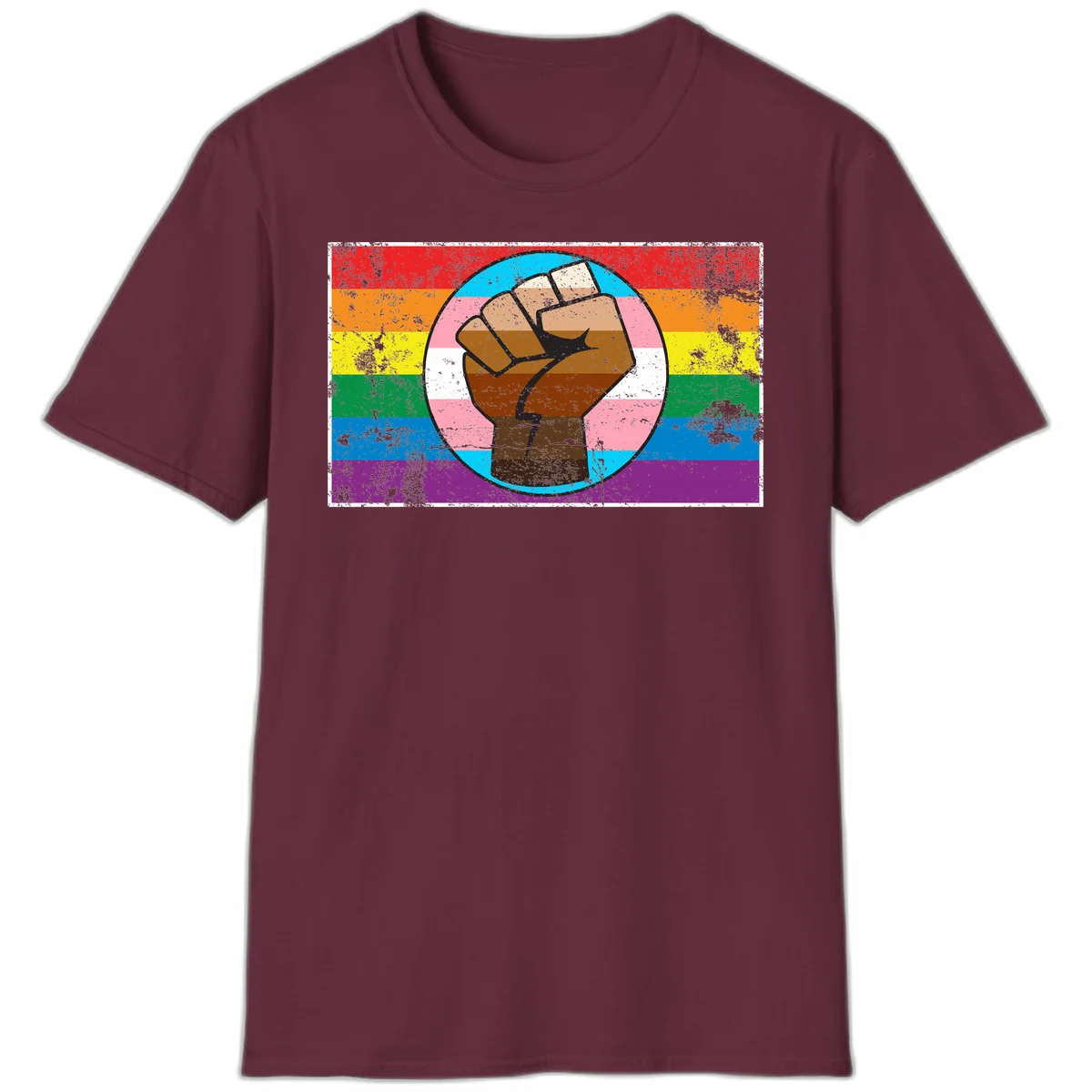Raised brown fist in circular badge with rainbow pride flag and trans flag stripe background symbolizing LGBTQ+ solidarity in Maroon