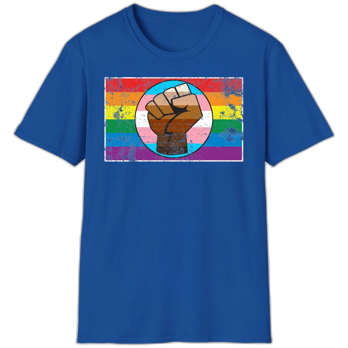 Raised brown fist in circular badge with rainbow pride flag and trans flag stripe background symbolizing LGBTQ+ solidarity in Royal
