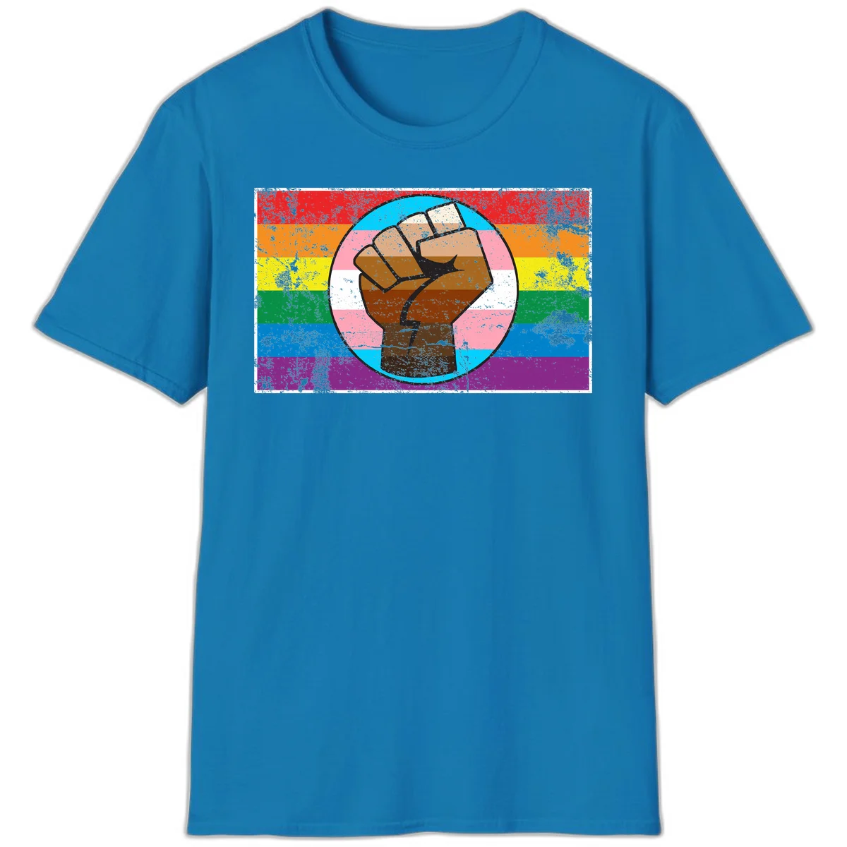 Raised brown fist in circular badge with rainbow pride flag and trans flag stripe background symbolizing LGBTQ+ solidarity in Sapphire