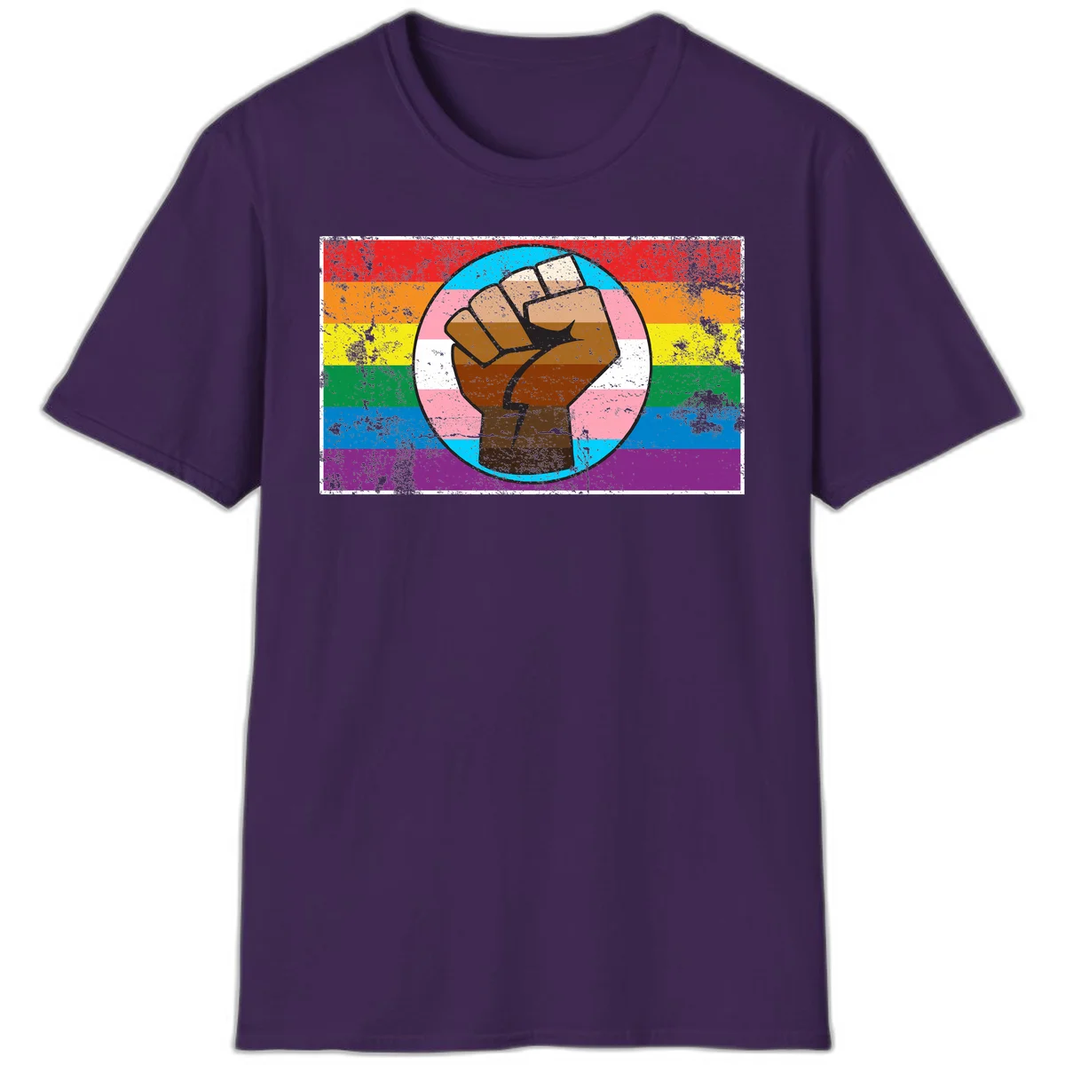 Raised brown fist in circular badge with rainbow pride flag and trans flag stripe background symbolizing LGBTQ+ solidarity in Purple