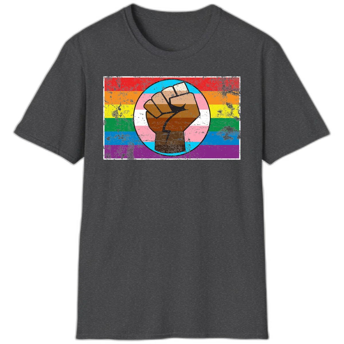Raised brown fist in circular badge with rainbow pride flag and trans flag stripe background symbolizing LGBTQ+ solidarity in Dark Heather
