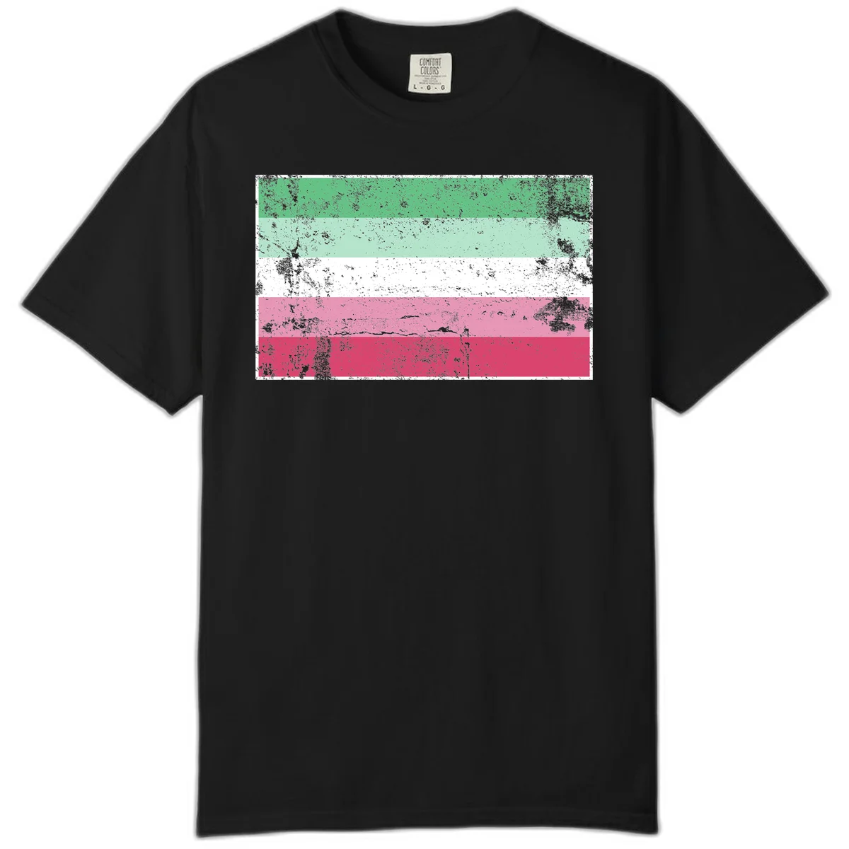 Distressed transgender pride flag with five horizontal stripes in green, mint, white, pink, and red featuring heavy grunge texture overlay in Black