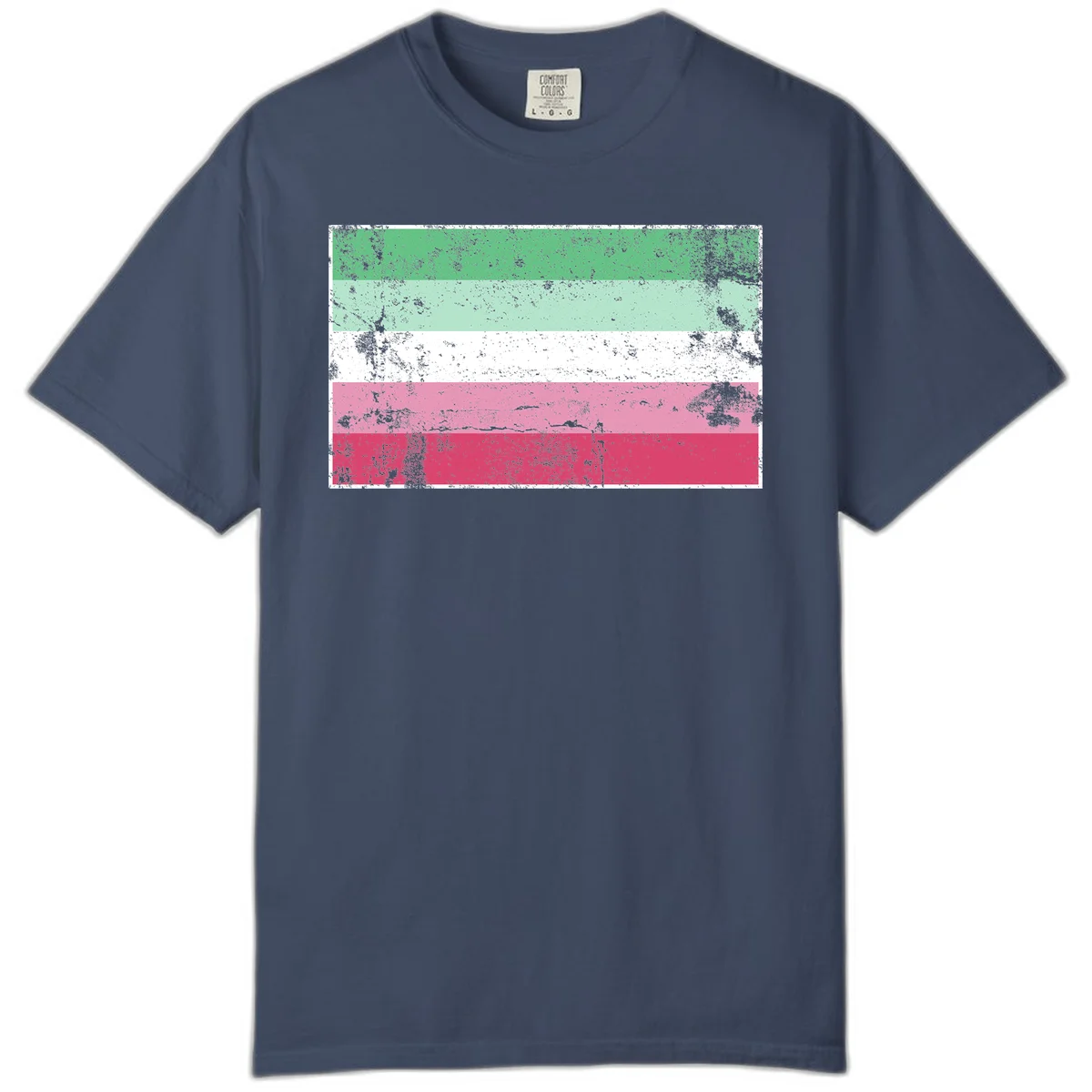 Distressed transgender pride flag with five horizontal stripes in green, mint, white, pink, and red featuring heavy grunge texture overlay in Midnight