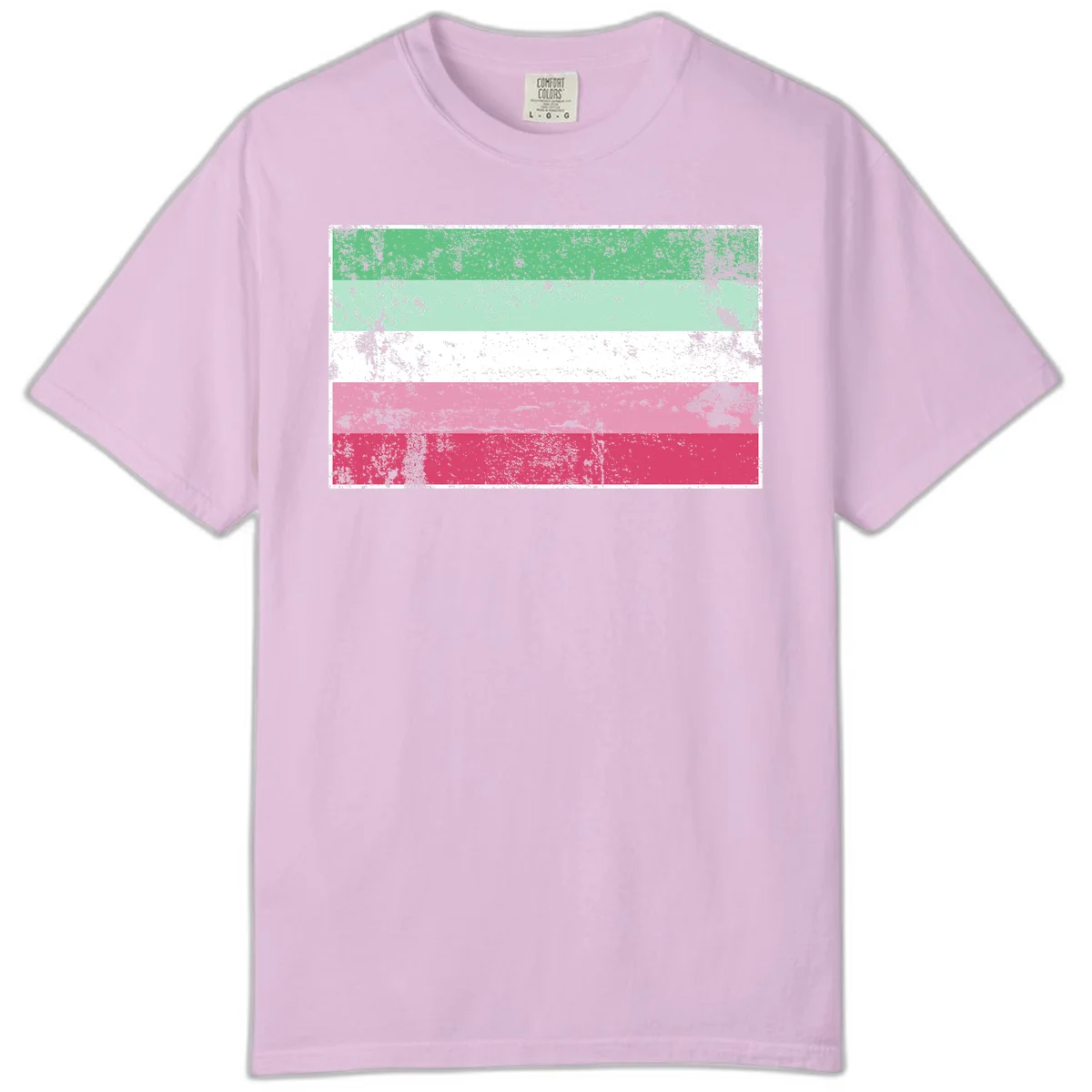 Distressed transgender pride flag with five horizontal stripes in green, mint, white, pink, and red featuring heavy grunge texture overlay in Orchid