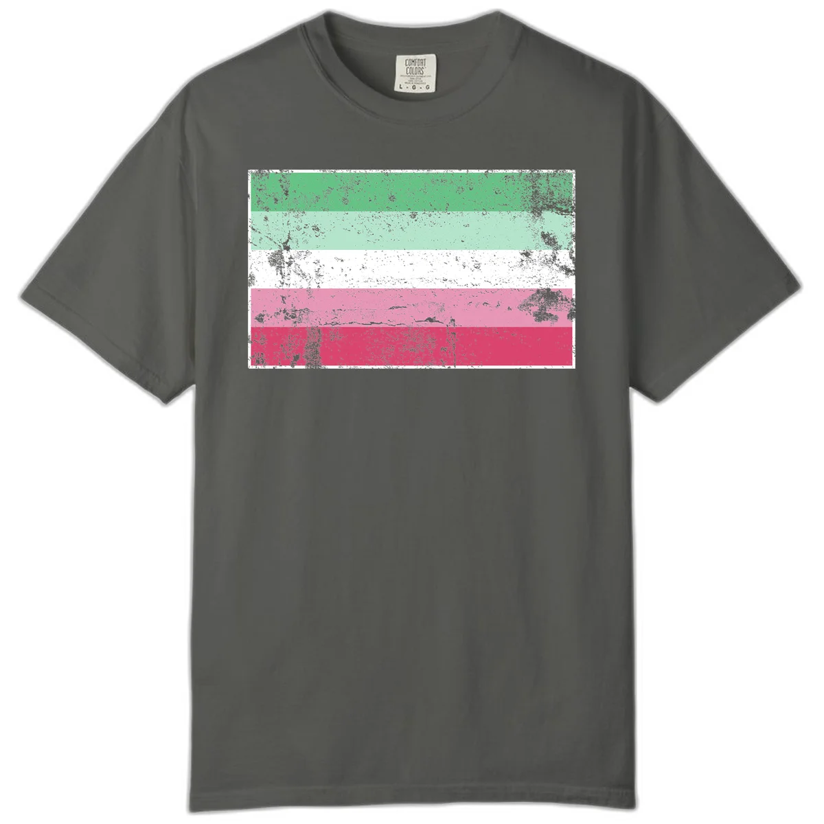 Distressed transgender pride flag with five horizontal stripes in green, mint, white, pink, and red featuring heavy grunge texture overlay in Pepper