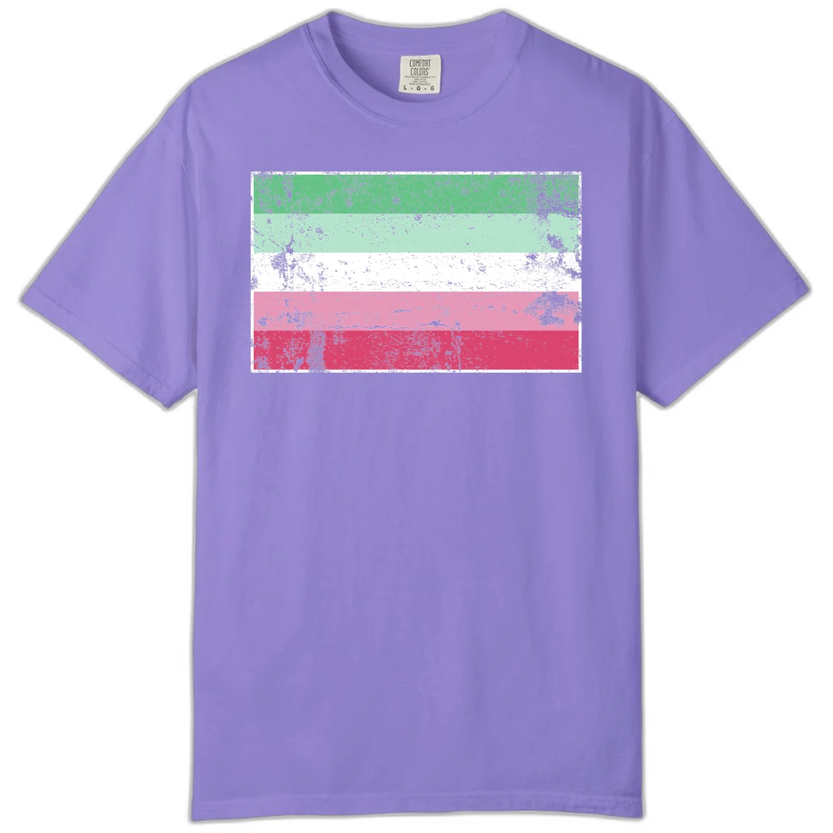 Distressed transgender pride flag with five horizontal stripes in green, mint, white, pink, and red featuring heavy grunge texture overlay in Violet