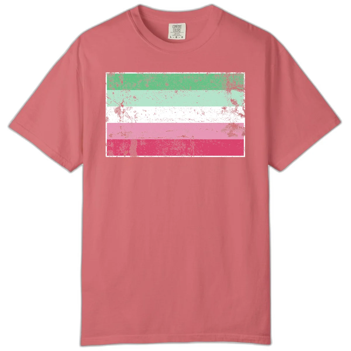 Distressed transgender pride flag with five horizontal stripes in green, mint, white, pink, and red featuring heavy grunge texture overlay in Watermelon