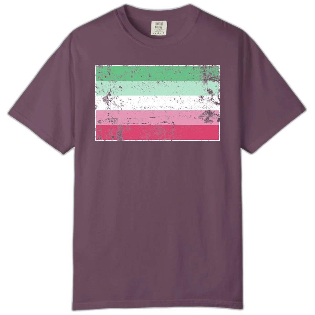 Distressed transgender pride flag with five horizontal stripes in green, mint, white, pink, and red featuring heavy grunge texture overlay in Berry