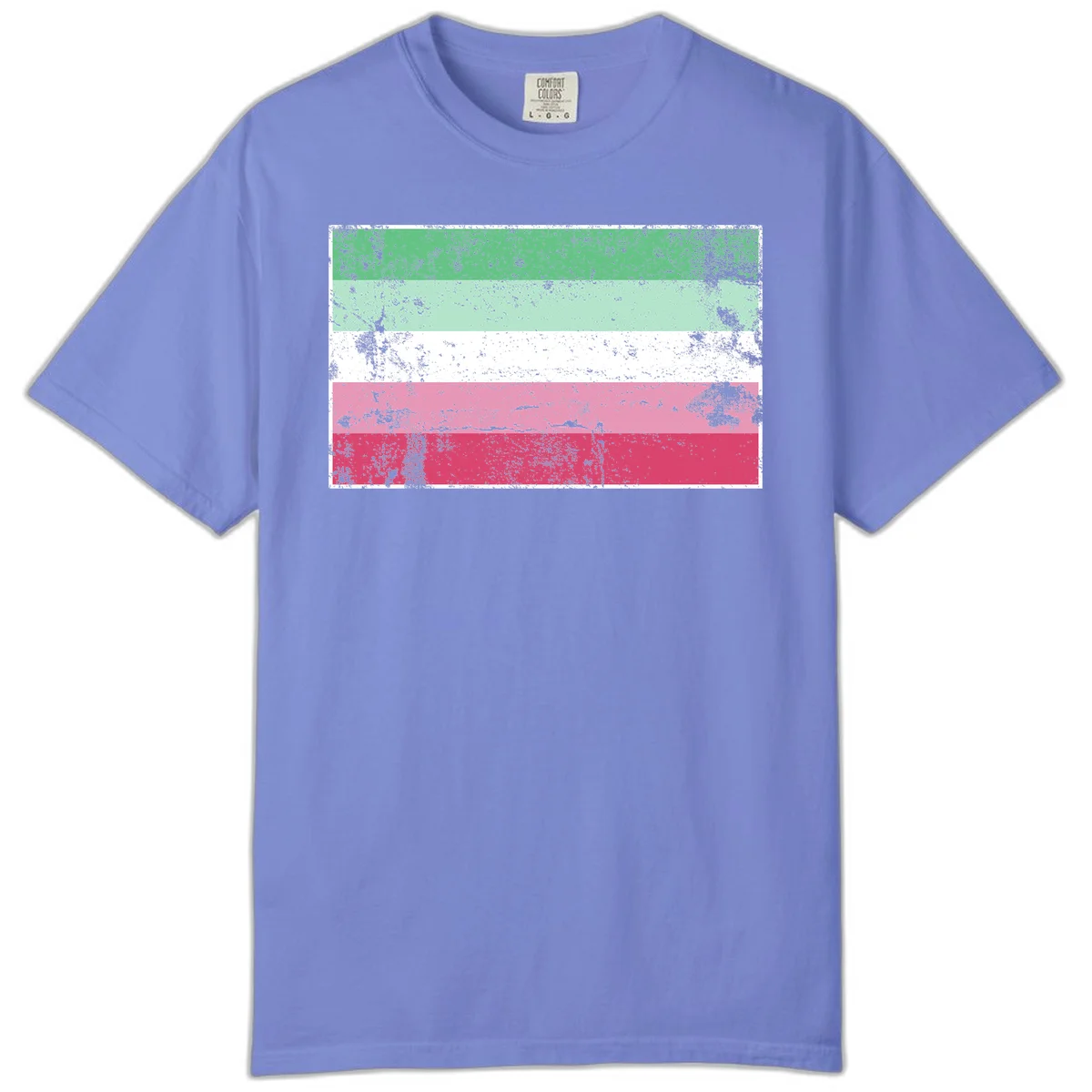 Distressed transgender pride flag with five horizontal stripes in green, mint, white, pink, and red featuring heavy grunge texture overlay in Flo Blue