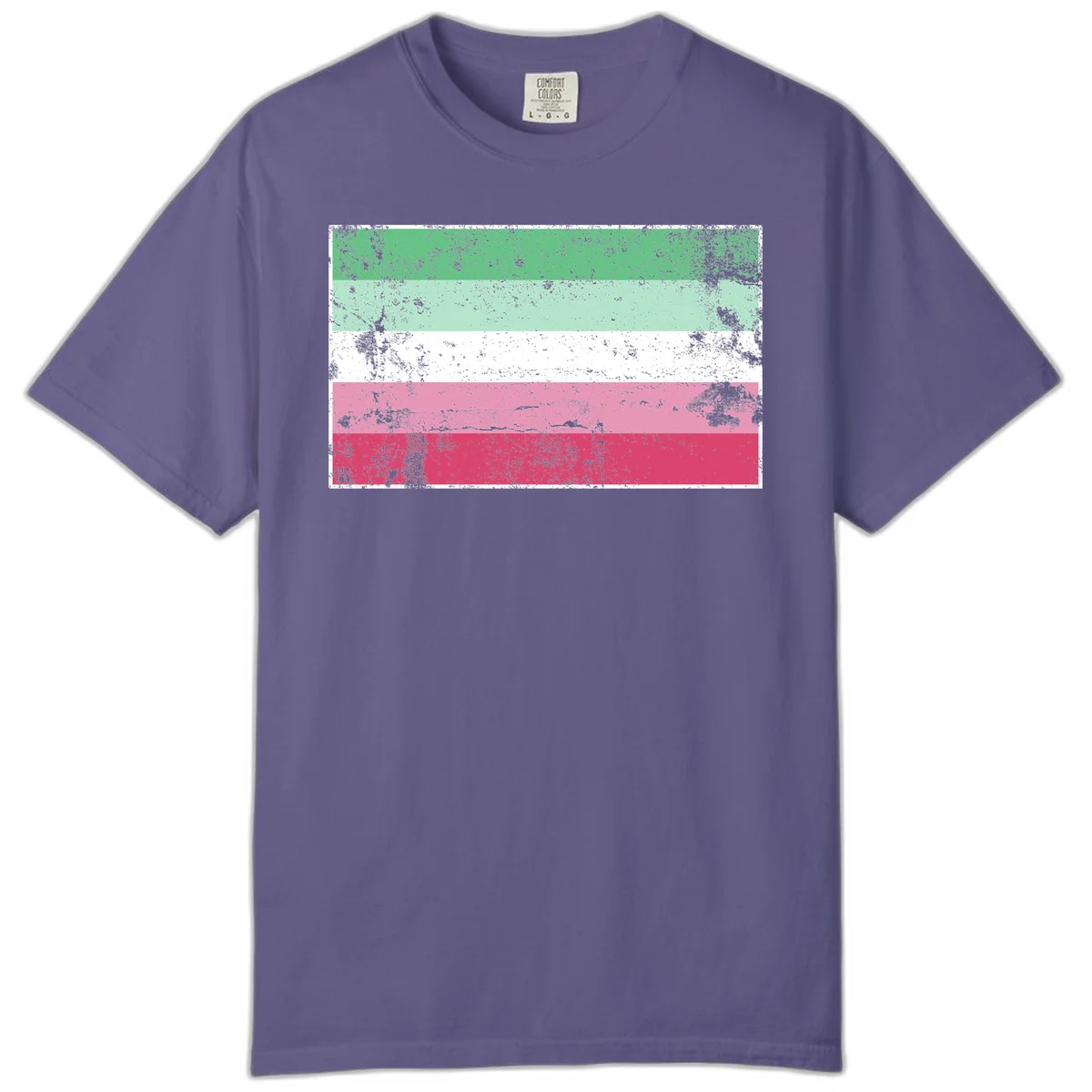 Distressed transgender pride flag with five horizontal stripes in green, mint, white, pink, and red featuring heavy grunge texture overlay in Grape