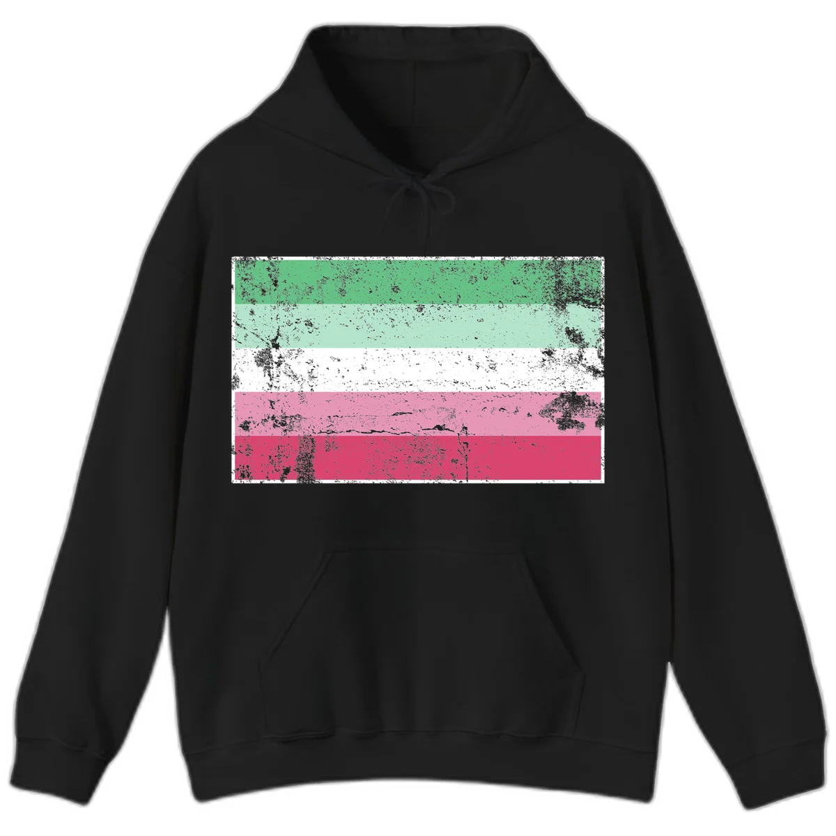 Distressed transgender pride flag with five horizontal stripes in green, mint, white, pink, and red featuring heavy grunge texture overlay in Black
