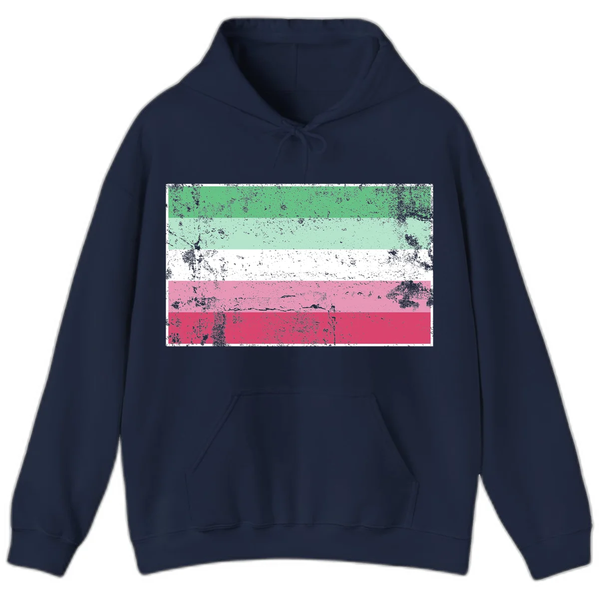 Distressed transgender pride flag with five horizontal stripes in green, mint, white, pink, and red featuring heavy grunge texture overlay in Navy