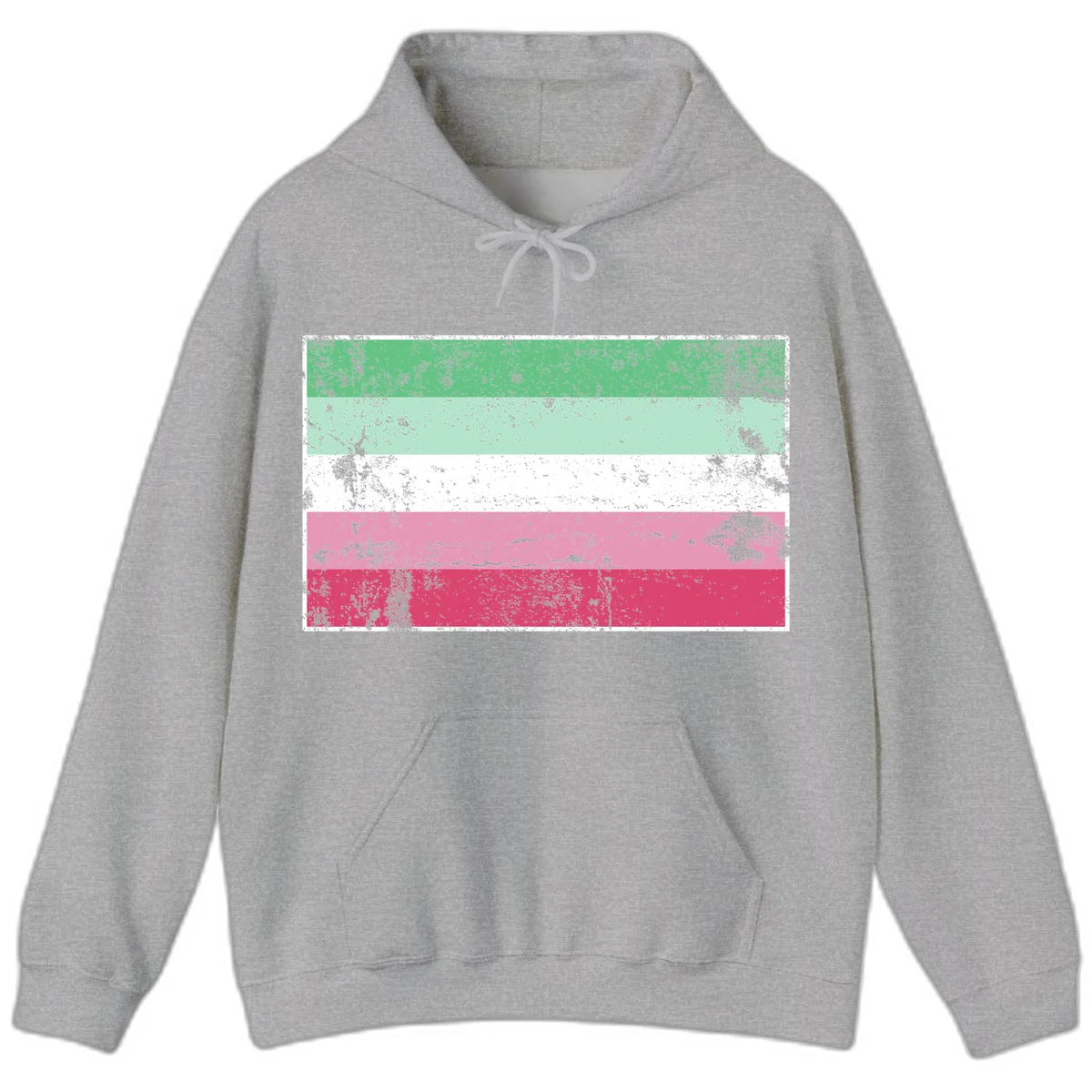 Distressed transgender pride flag with five horizontal stripes in green, mint, white, pink, and red featuring heavy grunge texture overlay in Sport Grey