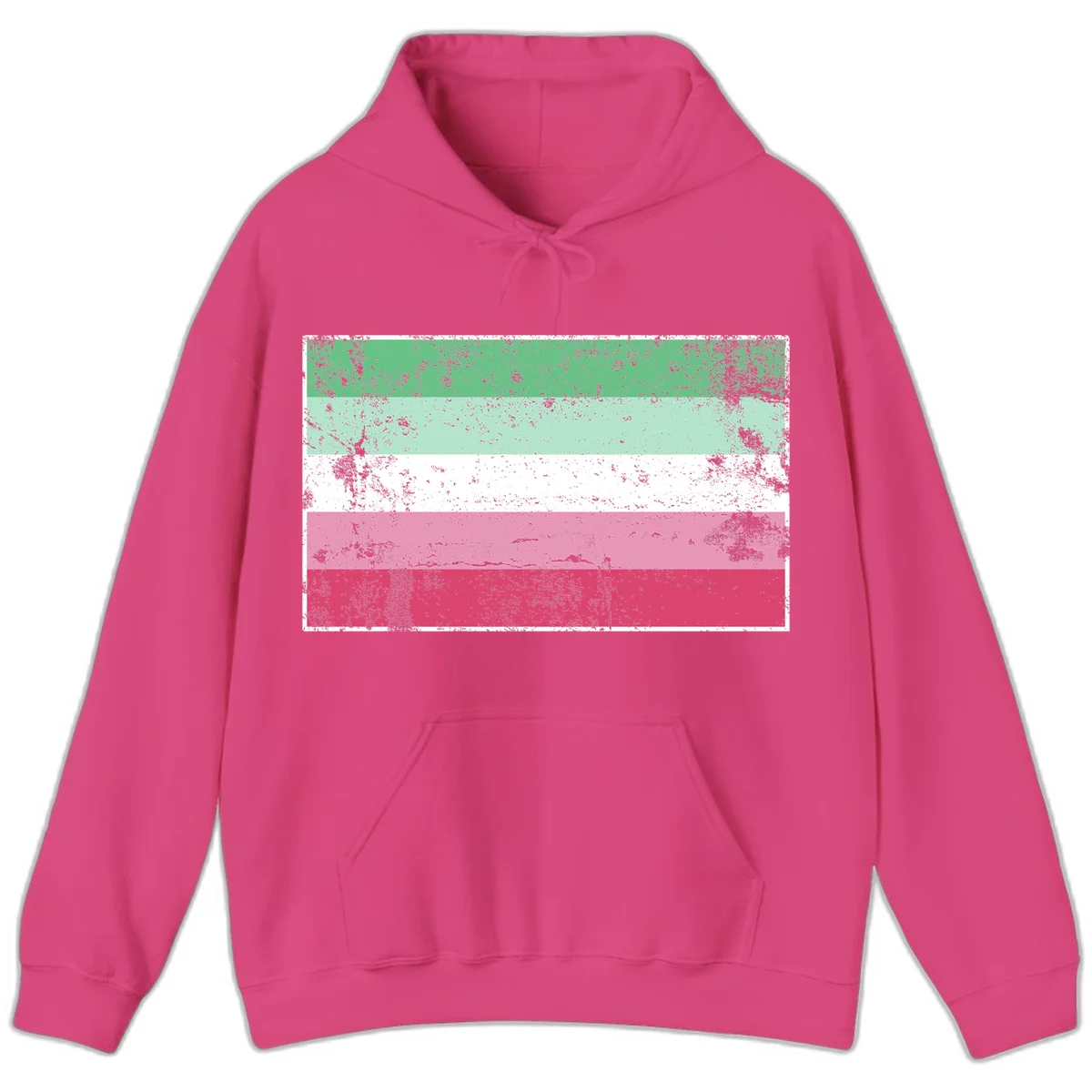 Distressed transgender pride flag with five horizontal stripes in green, mint, white, pink, and red featuring heavy grunge texture overlay in Heliconia