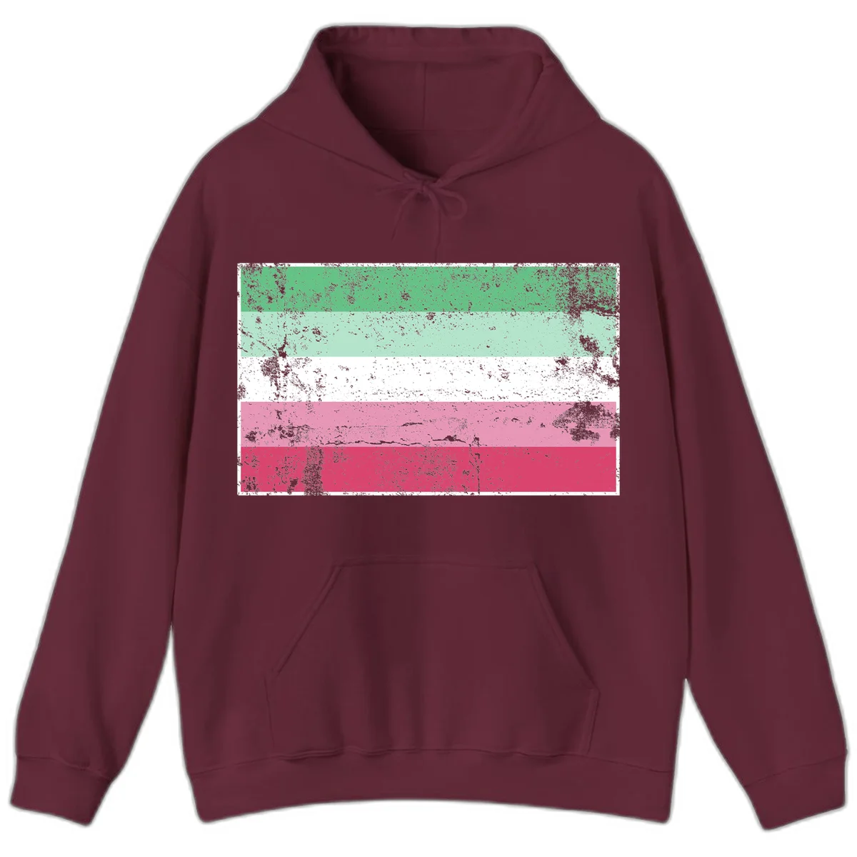 Distressed transgender pride flag with five horizontal stripes in green, mint, white, pink, and red featuring heavy grunge texture overlay in Maroon