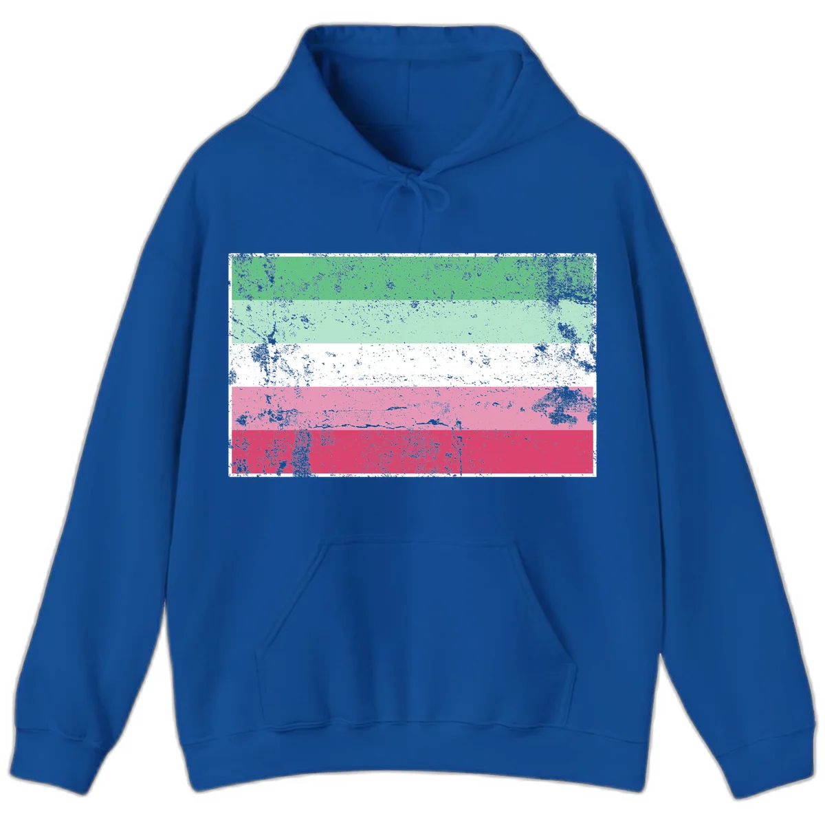 Distressed transgender pride flag with five horizontal stripes in green, mint, white, pink, and red featuring heavy grunge texture overlay in Royal