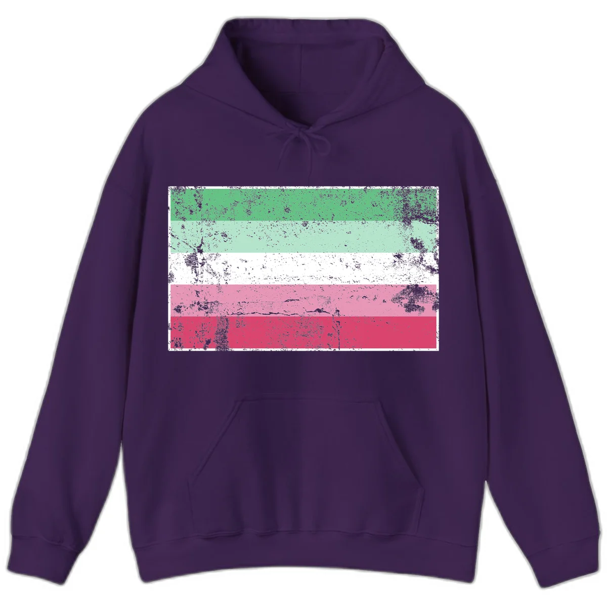 Distressed transgender pride flag with five horizontal stripes in green, mint, white, pink, and red featuring heavy grunge texture overlay in Purple