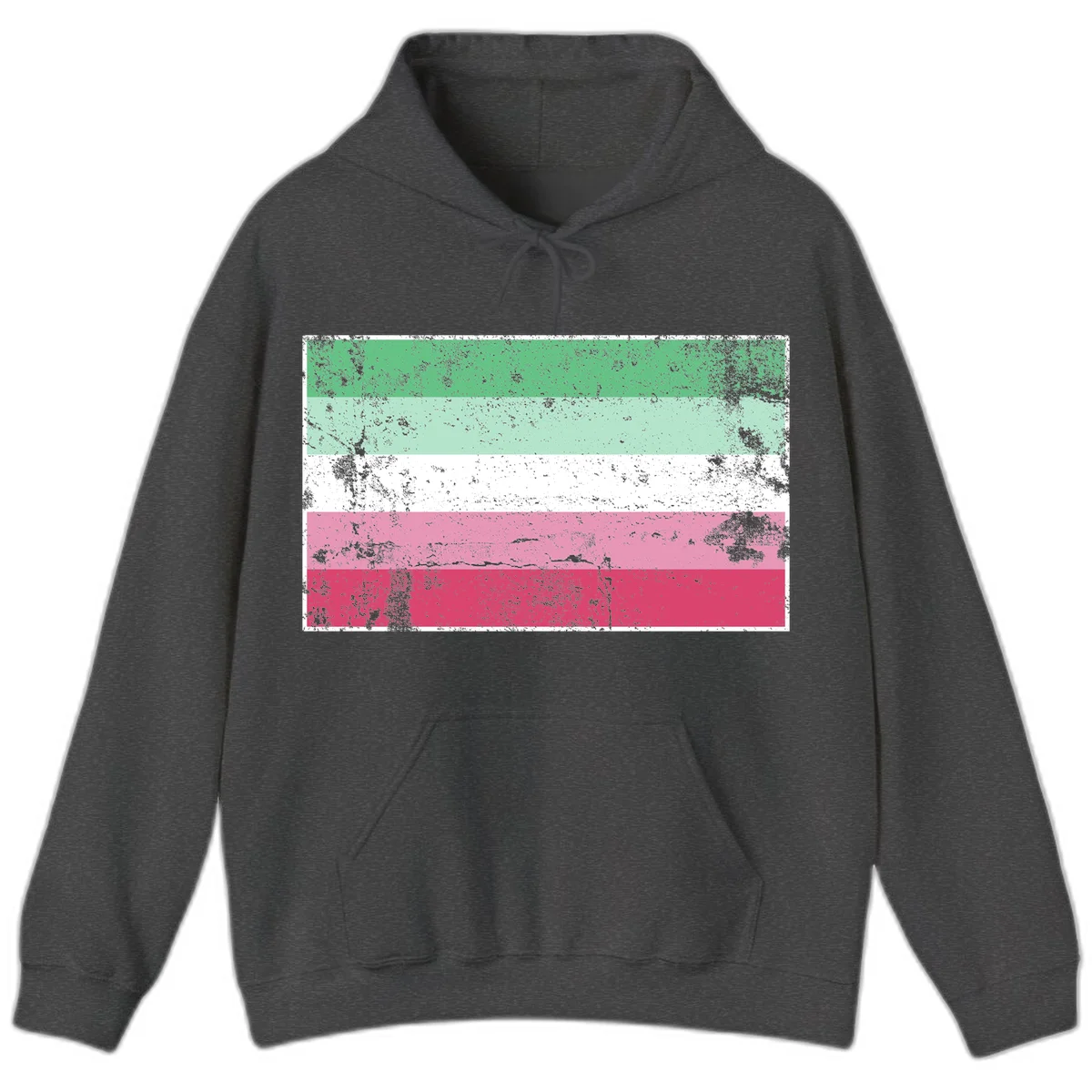 Distressed transgender pride flag with five horizontal stripes in green, mint, white, pink, and red featuring heavy grunge texture overlay in Dark Heather