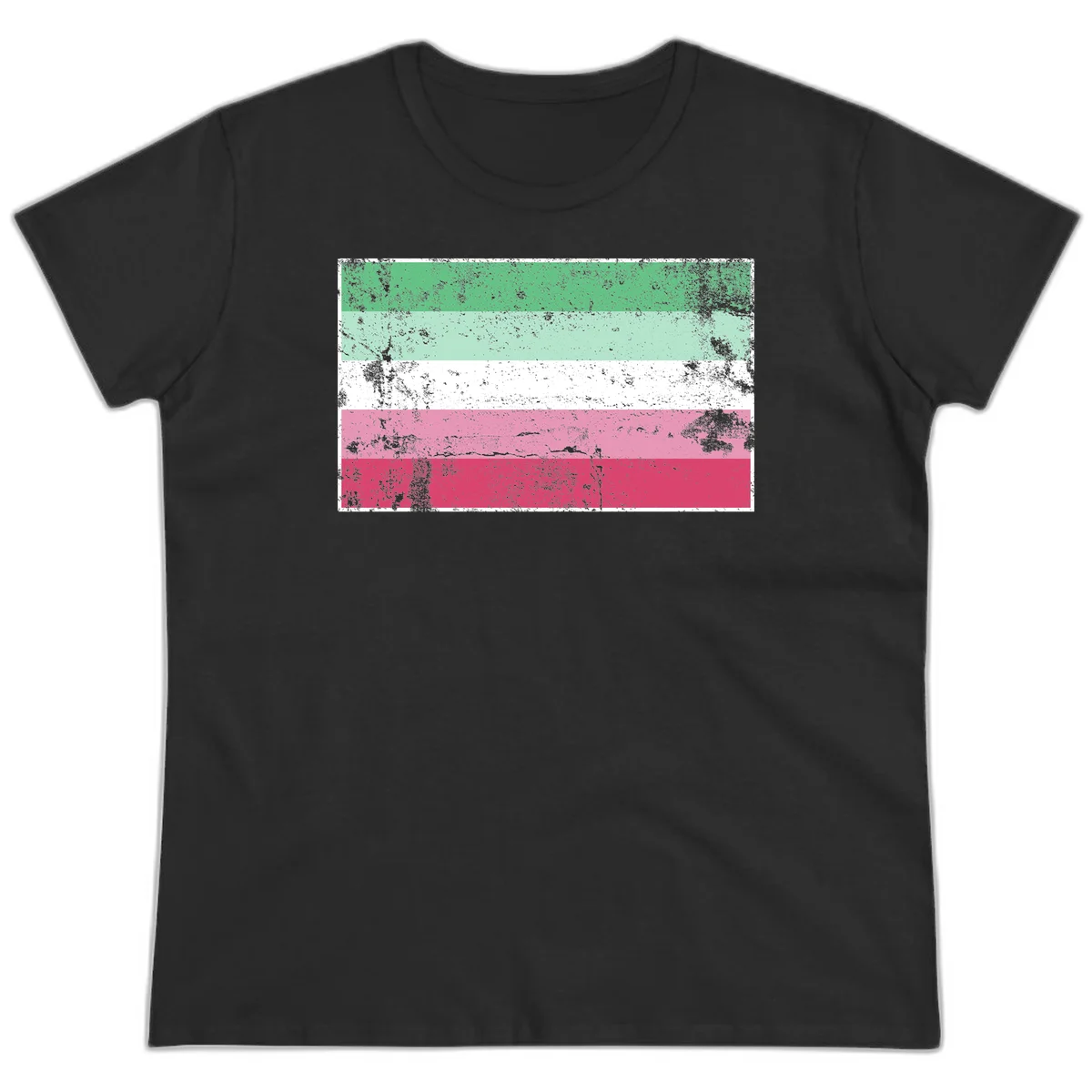 Distressed transgender pride flag with five horizontal stripes in green, mint, white, pink, and red featuring heavy grunge texture overlay in Black