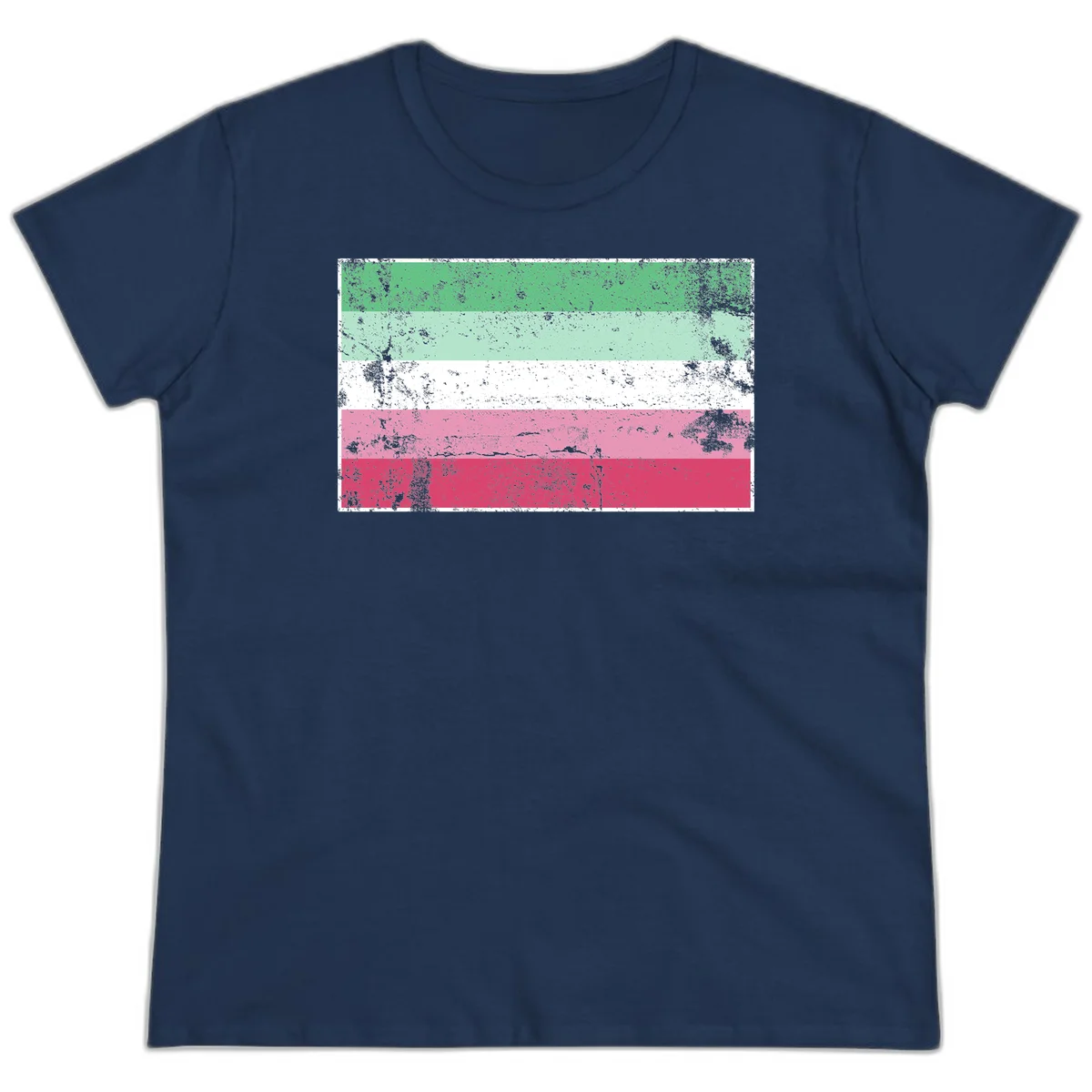 Distressed transgender pride flag with five horizontal stripes in green, mint, white, pink, and red featuring heavy grunge texture overlay in Navy
