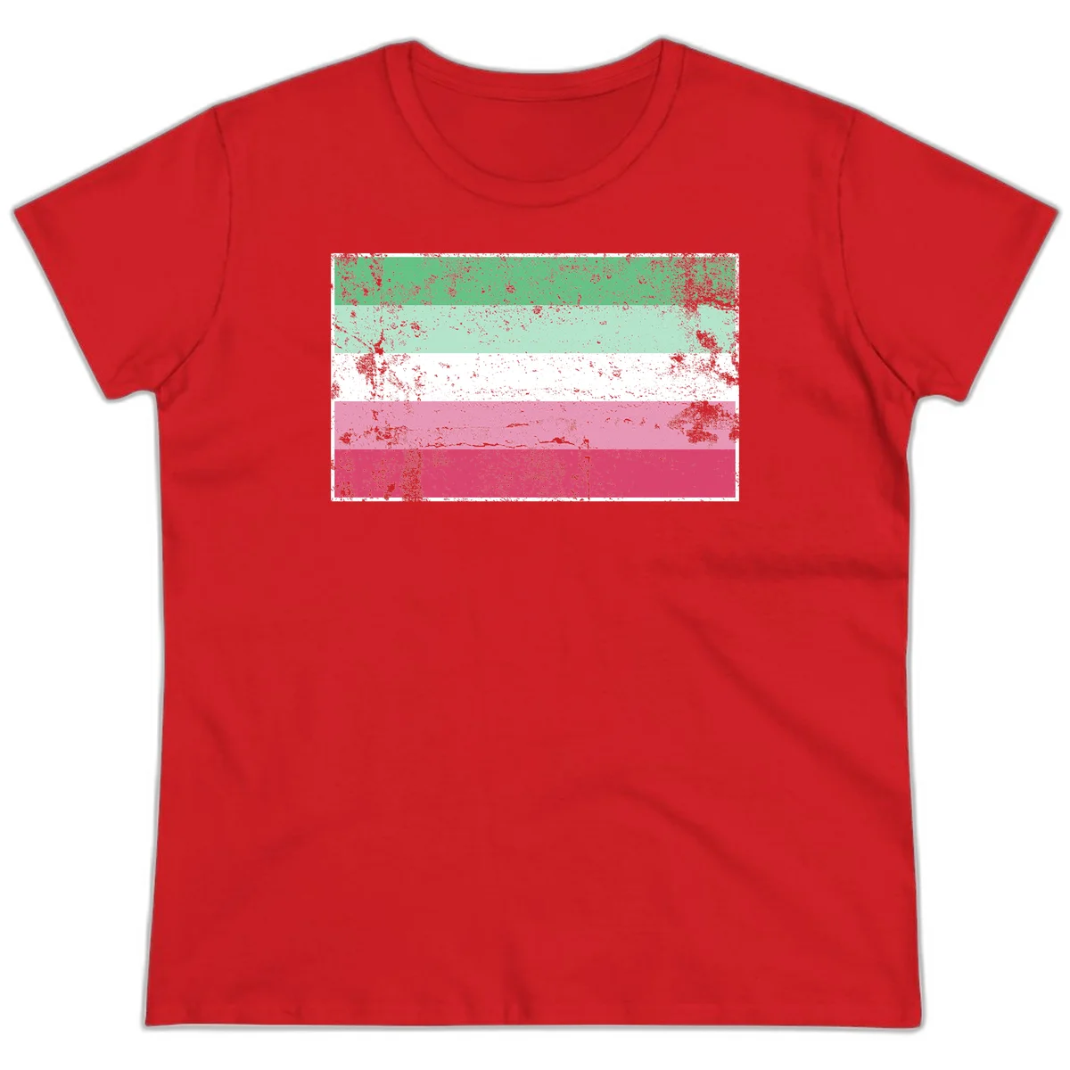 Distressed transgender pride flag with five horizontal stripes in green, mint, white, pink, and red featuring heavy grunge texture overlay in Red