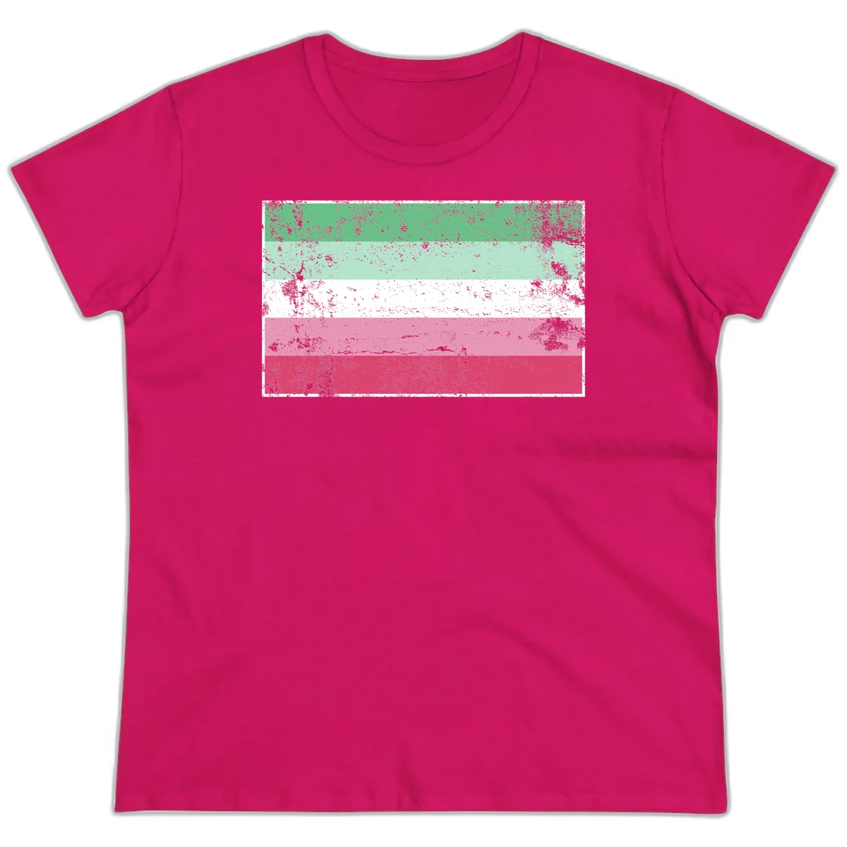 Distressed transgender pride flag with five horizontal stripes in green, mint, white, pink, and red featuring heavy grunge texture overlay in Heliconia