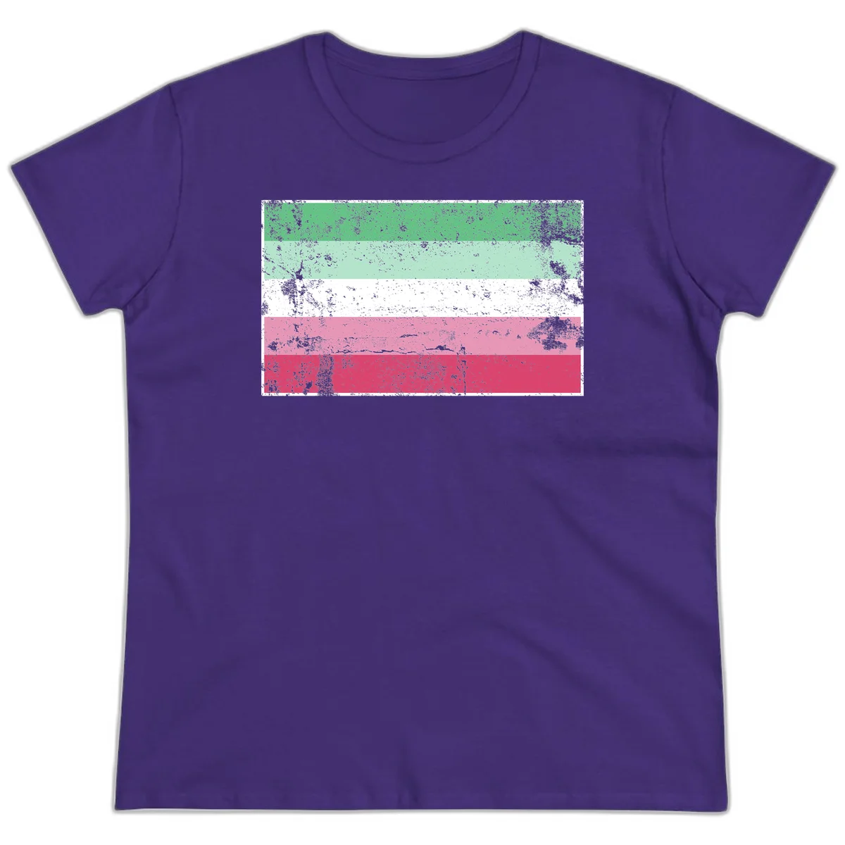 Distressed transgender pride flag with five horizontal stripes in green, mint, white, pink, and red featuring heavy grunge texture overlay in Purple