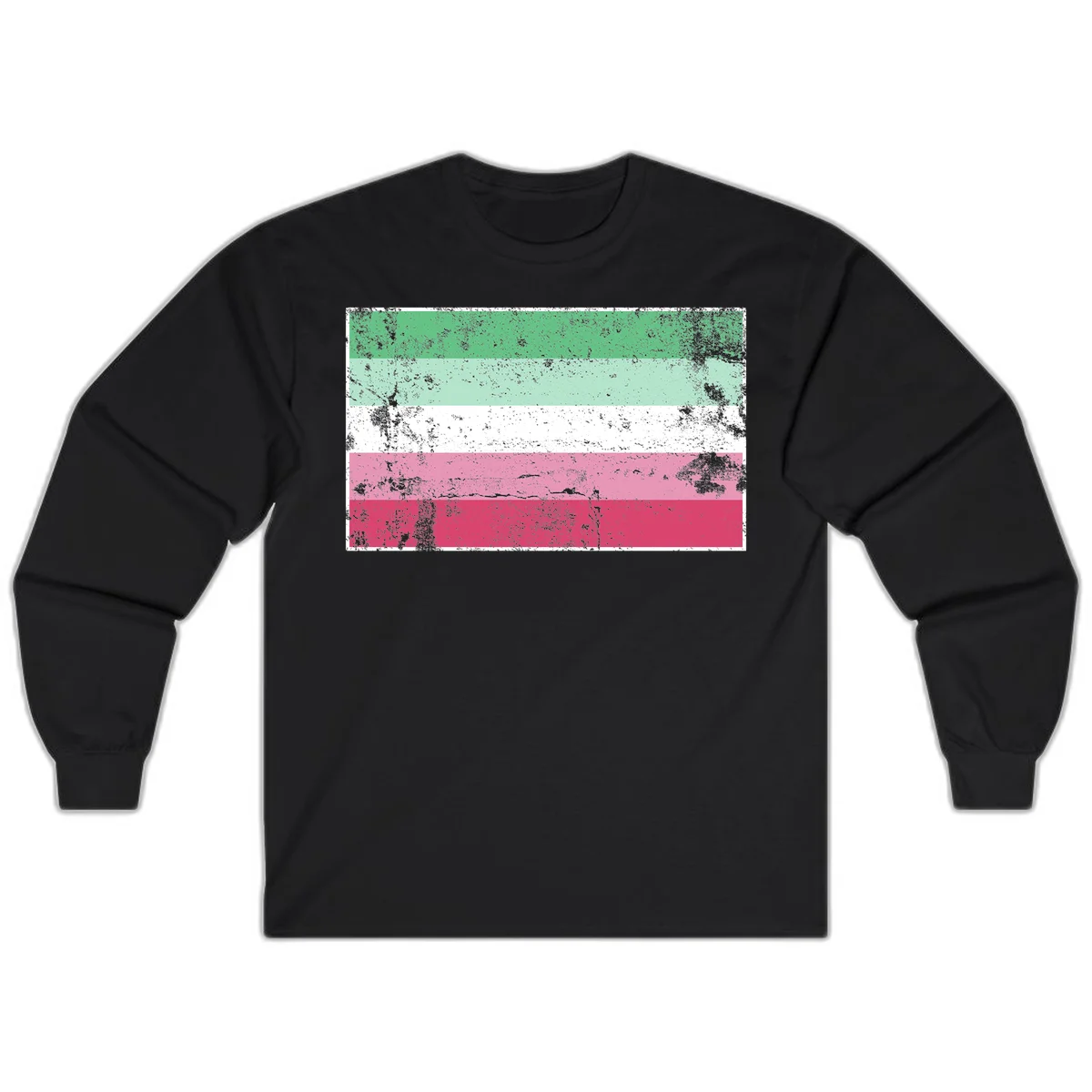 Distressed transgender pride flag with five horizontal stripes in green, mint, white, pink, and red featuring heavy grunge texture overlay in Black