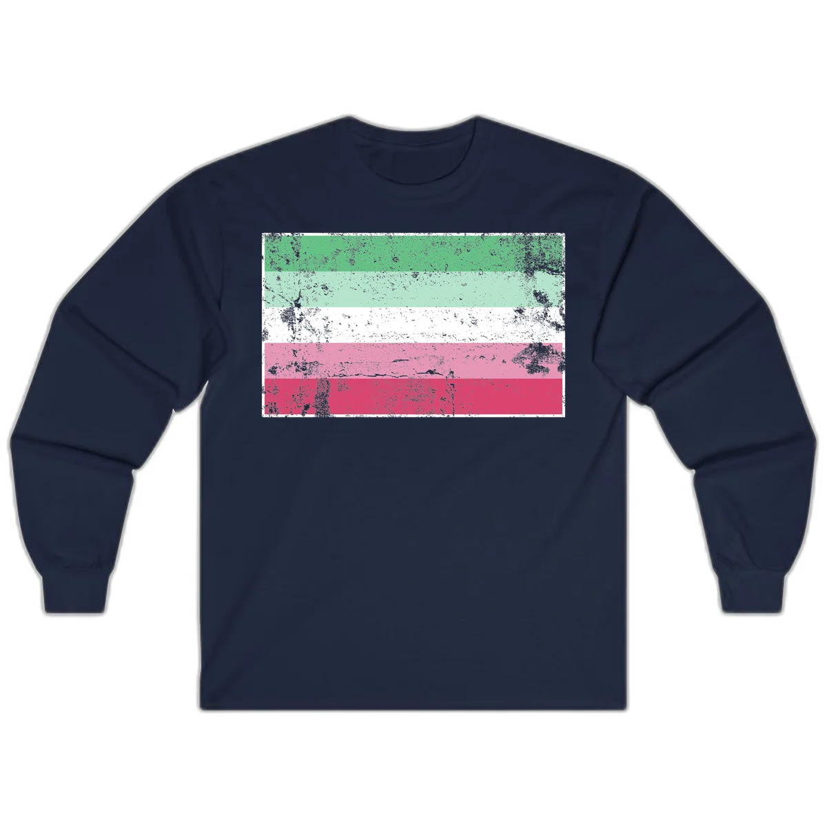 Distressed transgender pride flag with five horizontal stripes in green, mint, white, pink, and red featuring heavy grunge texture overlay in Navy