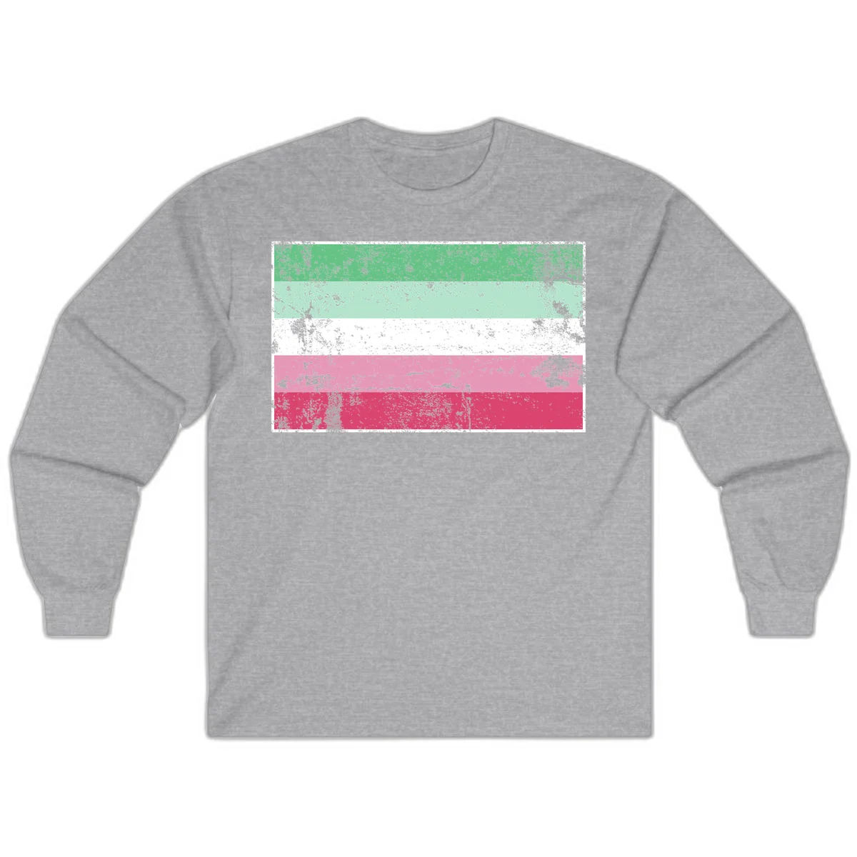 Distressed transgender pride flag with five horizontal stripes in green, mint, white, pink, and red featuring heavy grunge texture overlay in Sport Grey