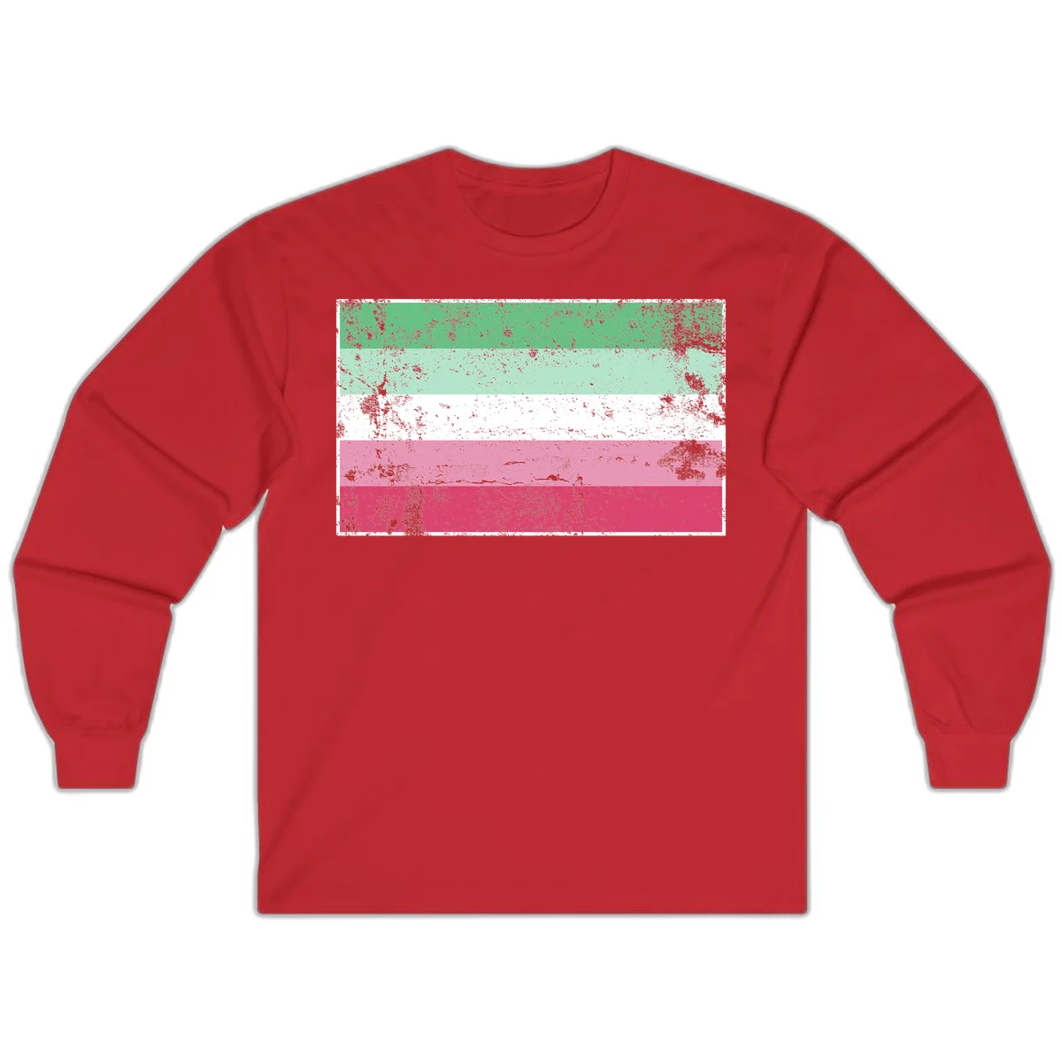 Distressed transgender pride flag with five horizontal stripes in green, mint, white, pink, and red featuring heavy grunge texture overlay in Red