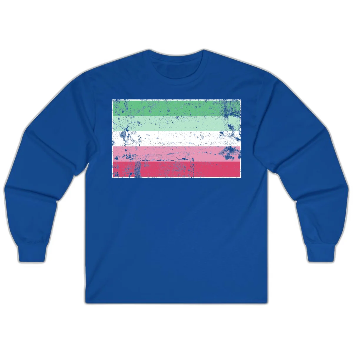 Distressed transgender pride flag with five horizontal stripes in green, mint, white, pink, and red featuring heavy grunge texture overlay in Royal