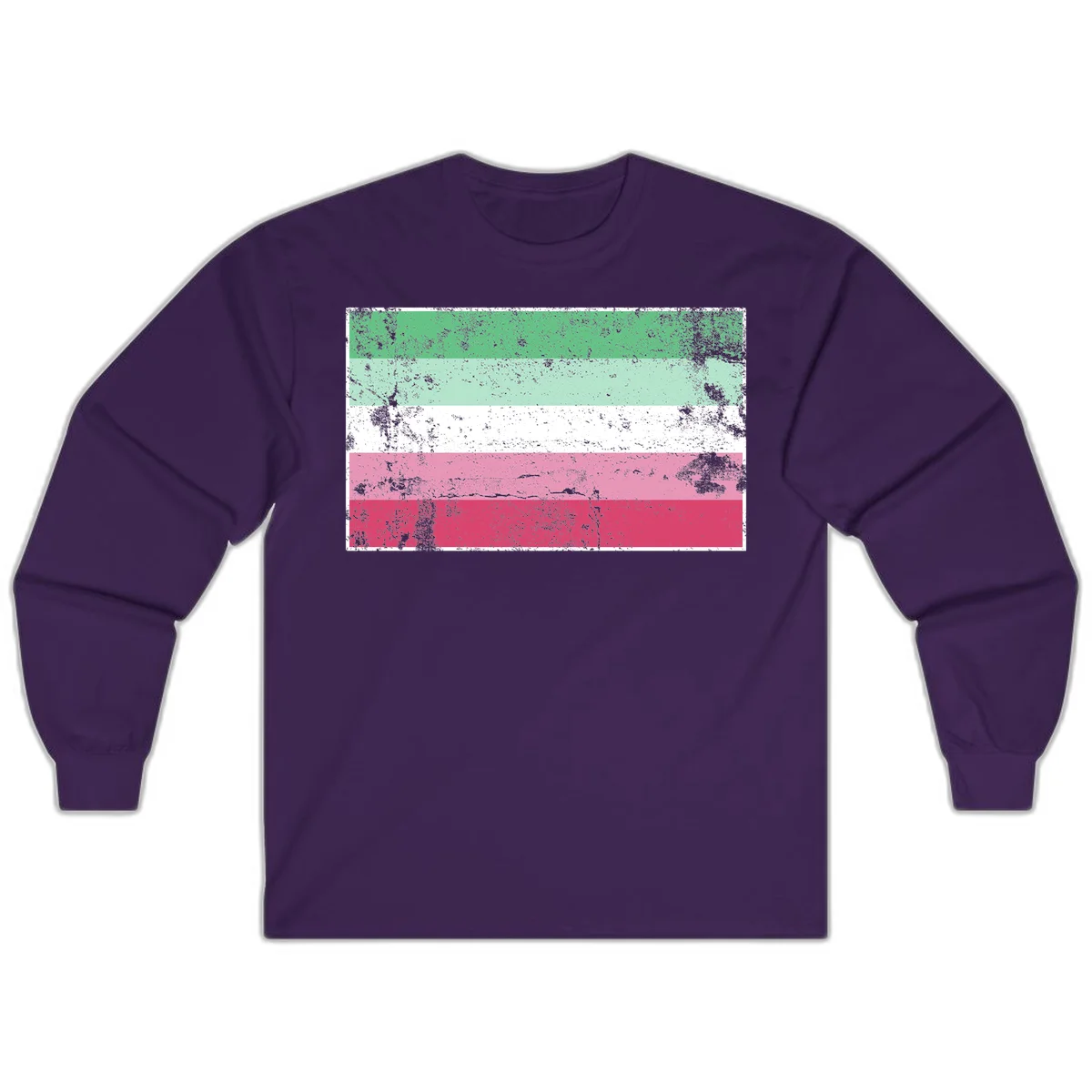 Distressed transgender pride flag with five horizontal stripes in green, mint, white, pink, and red featuring heavy grunge texture overlay in Purple