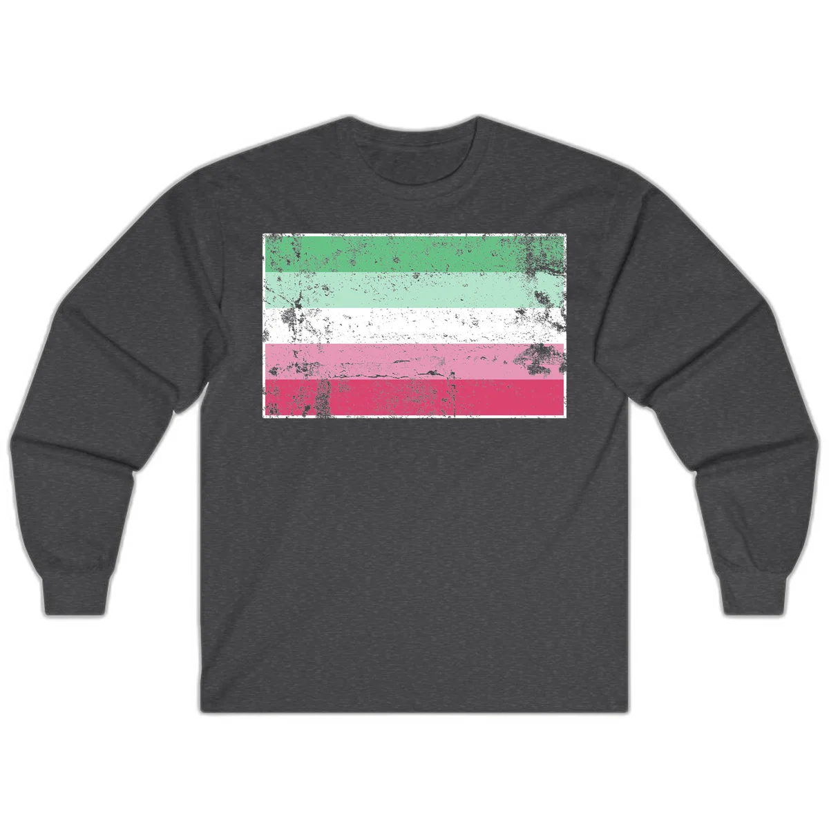 Distressed transgender pride flag with five horizontal stripes in green, mint, white, pink, and red featuring heavy grunge texture overlay in Dark Heather