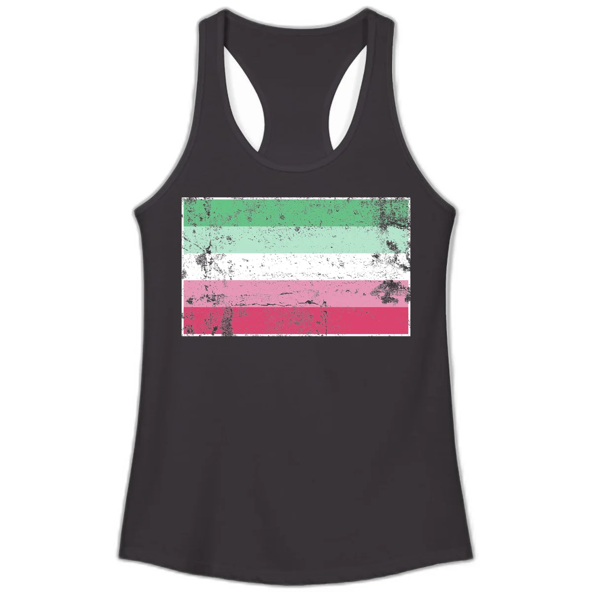 Distressed transgender pride flag with five horizontal stripes in green, mint, white, pink, and red featuring heavy grunge texture overlay in Black