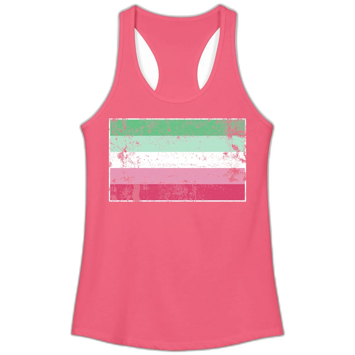 Distressed transgender pride flag with five horizontal stripes in green, mint, white, pink, and red featuring heavy grunge texture overlay in Hot Pink