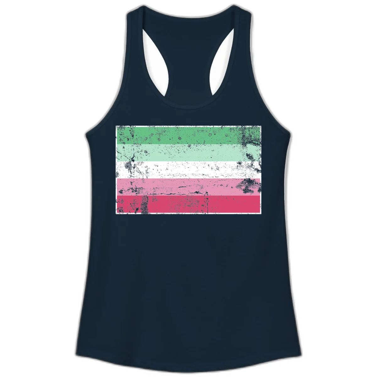 Distressed transgender pride flag with five horizontal stripes in green, mint, white, pink, and red featuring heavy grunge texture overlay in Solid Midnight Navy