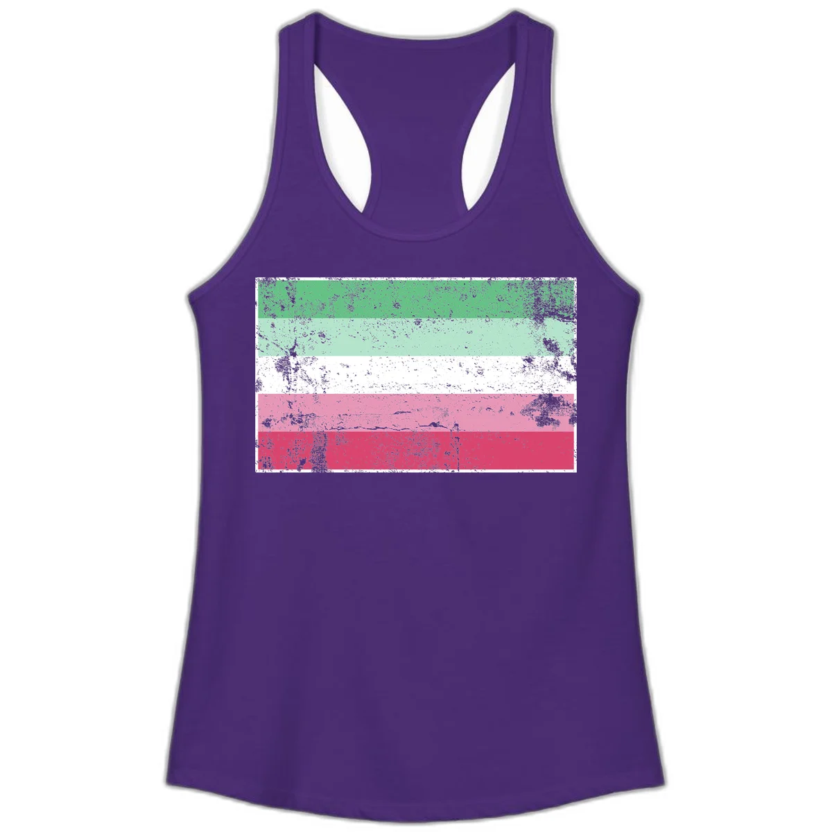 Distressed transgender pride flag with five horizontal stripes in green, mint, white, pink, and red featuring heavy grunge texture overlay in Solid Purple Rush