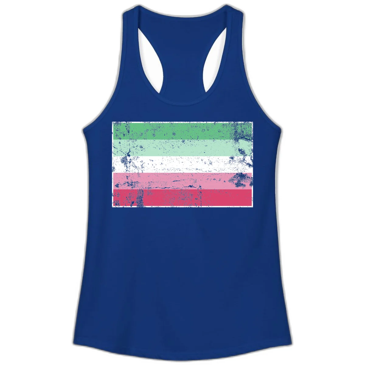 Distressed transgender pride flag with five horizontal stripes in green, mint, white, pink, and red featuring heavy grunge texture overlay in Solid Royal