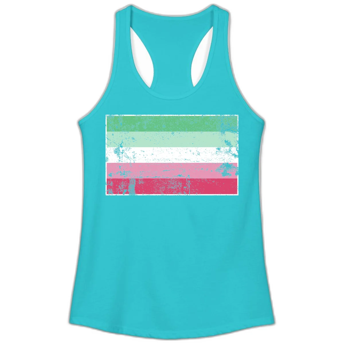 Distressed transgender pride flag with five horizontal stripes in green, mint, white, pink, and red featuring heavy grunge texture overlay in Solid Tahiti Blue