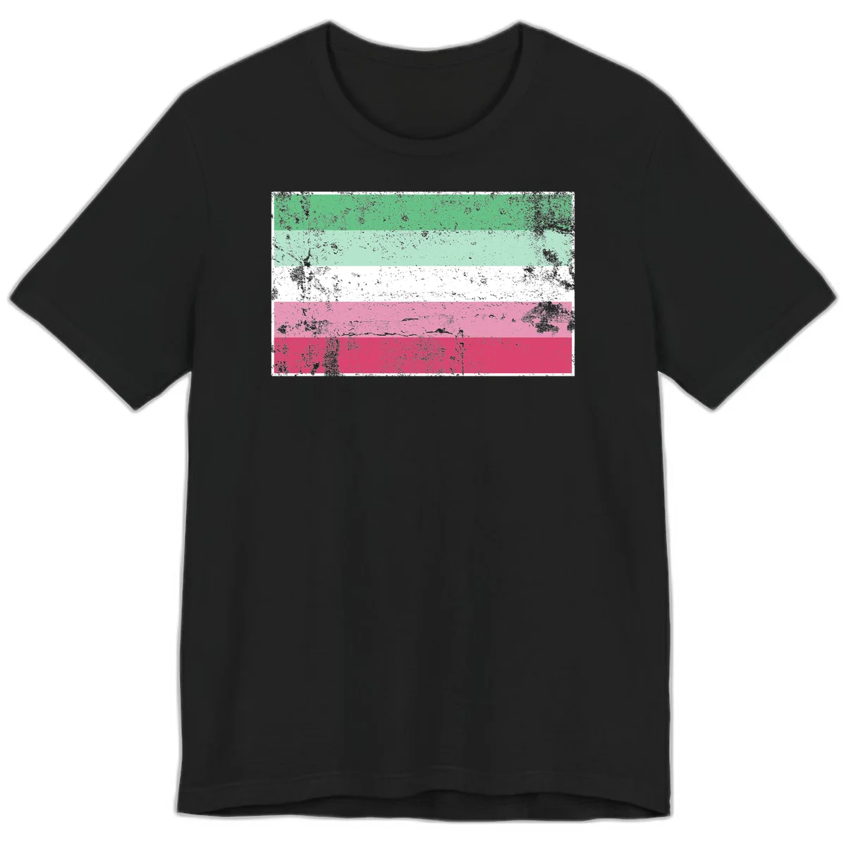 Distressed transgender pride flag with five horizontal stripes in green, mint, white, pink, and red featuring heavy grunge texture overlay in Black