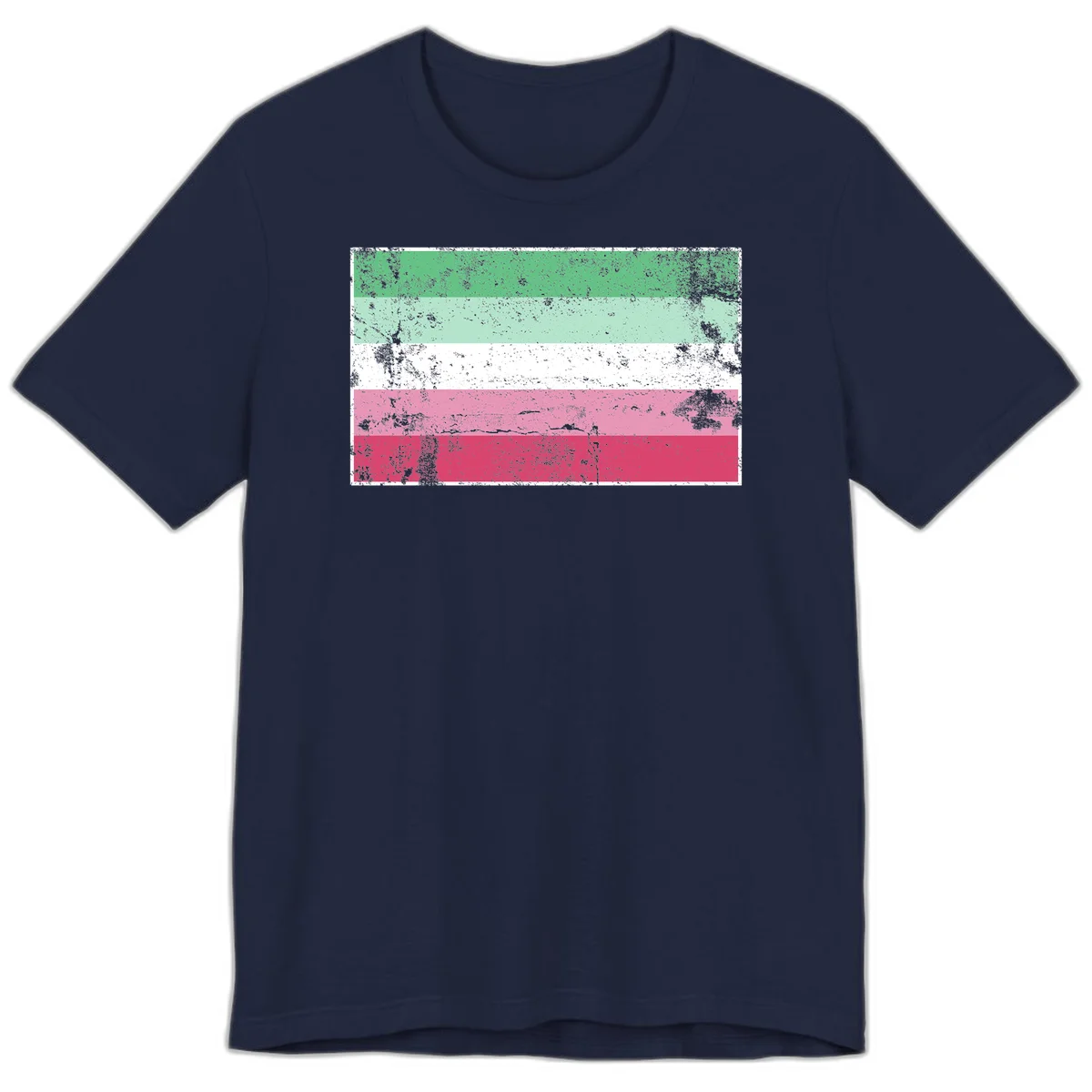 Distressed transgender pride flag with five horizontal stripes in green, mint, white, pink, and red featuring heavy grunge texture overlay in Navy